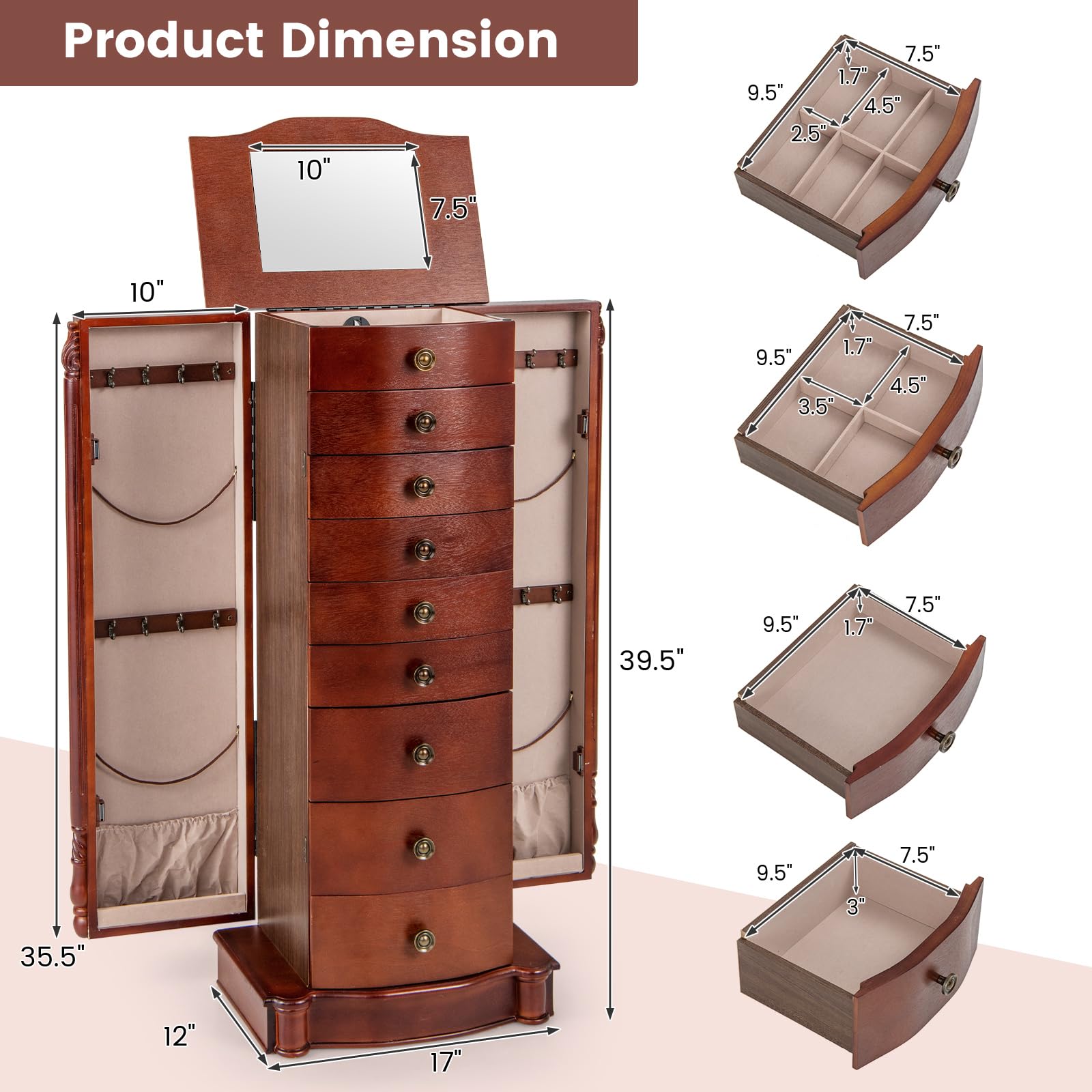 Giantex Large Jewelry Armoire Cabinet with 8 Drawers, 2 Doors & 16 Hooks - Dark Walnut Standing Mirror Storage Chest for Necklaces, Rings & Accessories | Perfect for Bedroom, Closet & Dressing Room Organization