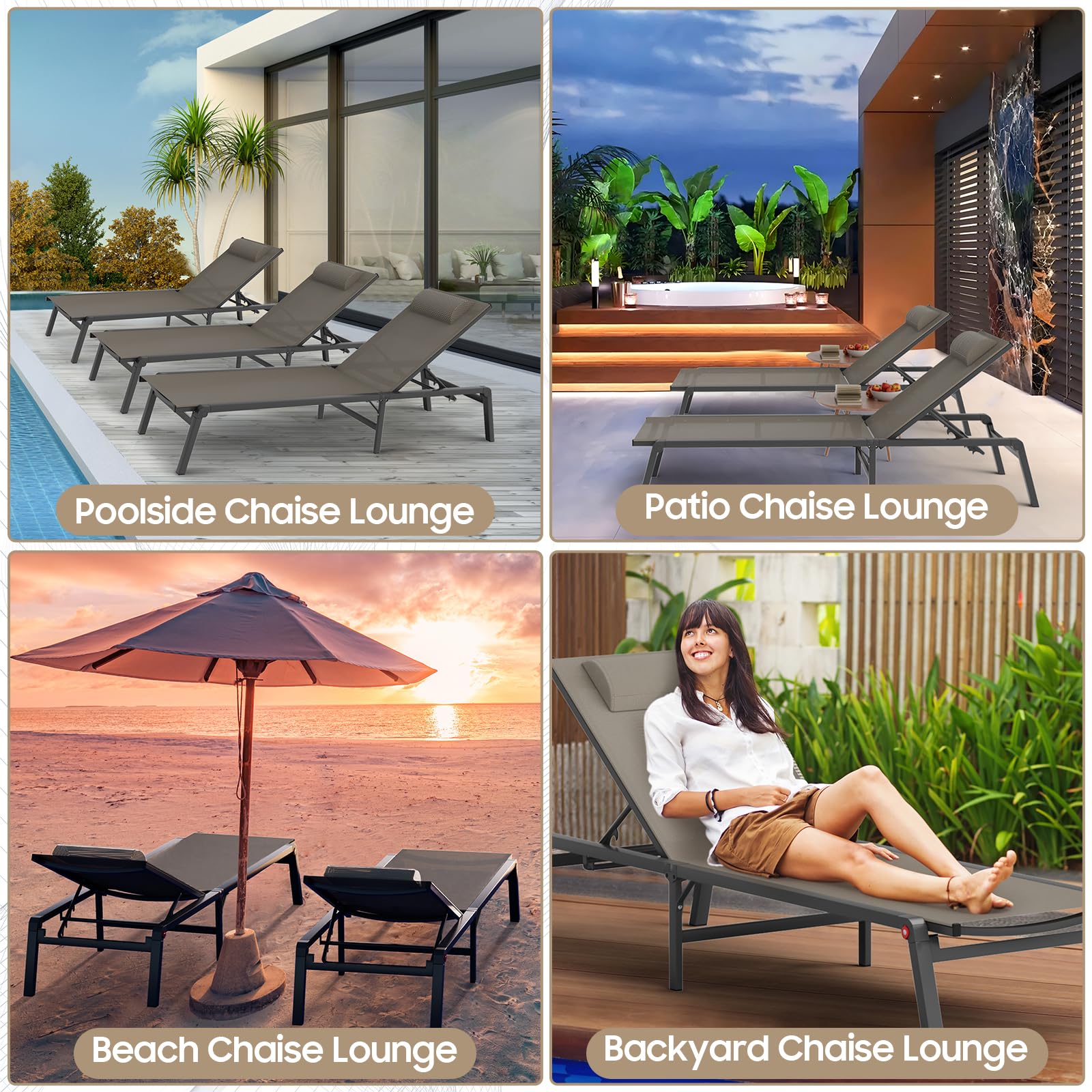 5-Position Adjustable Aluminum Folding Chaise Lounge Chair for Outdoor, Patio, Pool & Beach - Lightweight & Durable Tanning Recliner - Perfect for Sunbathing, Relaxing by the Poolside or Backyard Lounging (Khaki)