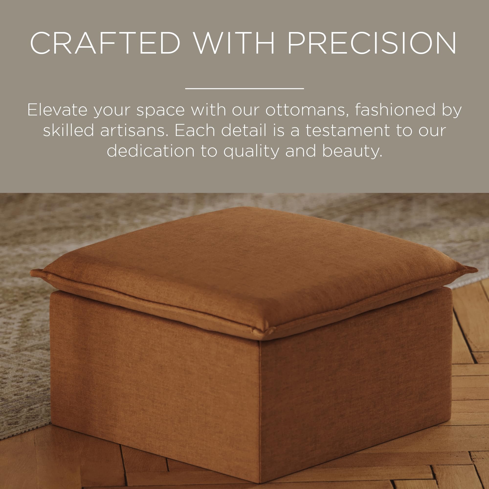 Maven Lane Claude Large Square Rustic Upholstered Ottoman with Cushion - Stylish Footrest for Living Room, Bedroom, or Dorm - Clay Fabric Upholstery - Perfect for Relaxing, Extra Seating & Home Decor