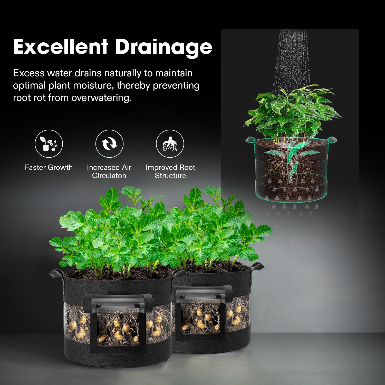 VIVOSUN 5-Pack 7 Gallon Potato Grow Bags with 360° Visibility & Harvest Window - Thick Fabric Planters for Growing Potatoes, Sweet Potatoes & Vegetables - Perfect for Indoor/Outdoor Gardening & Urban Farming (Black)