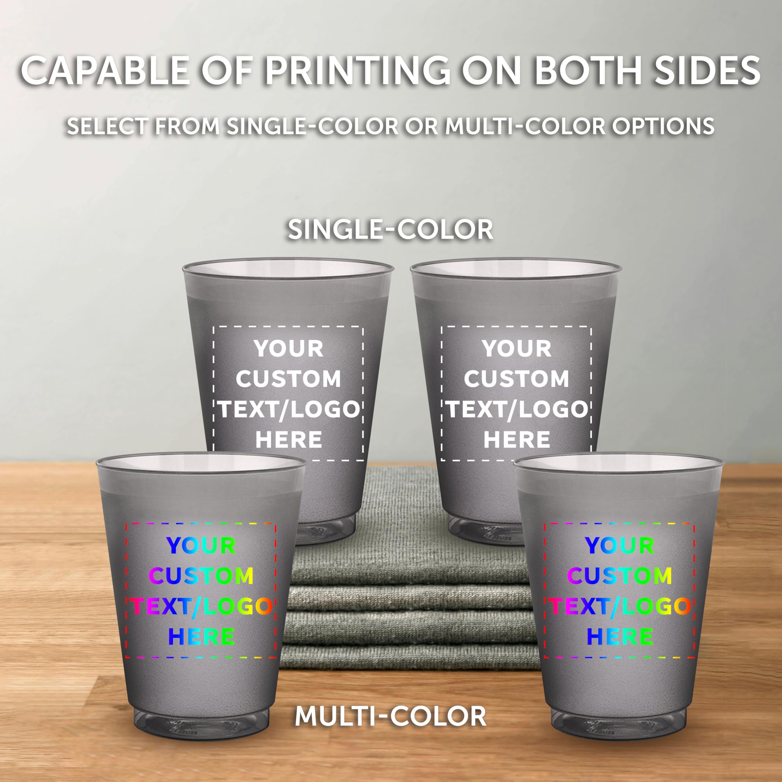 Custom Printed 16 oz Frosted Plastic Stadium Cups - 50 Pack with Promotional Text & Logo - Shatterproof, Flexible, Reusable Party Cups for Sports Events, Tailgating, BBQs, and Outdoor Gatherings - Smoke Color
