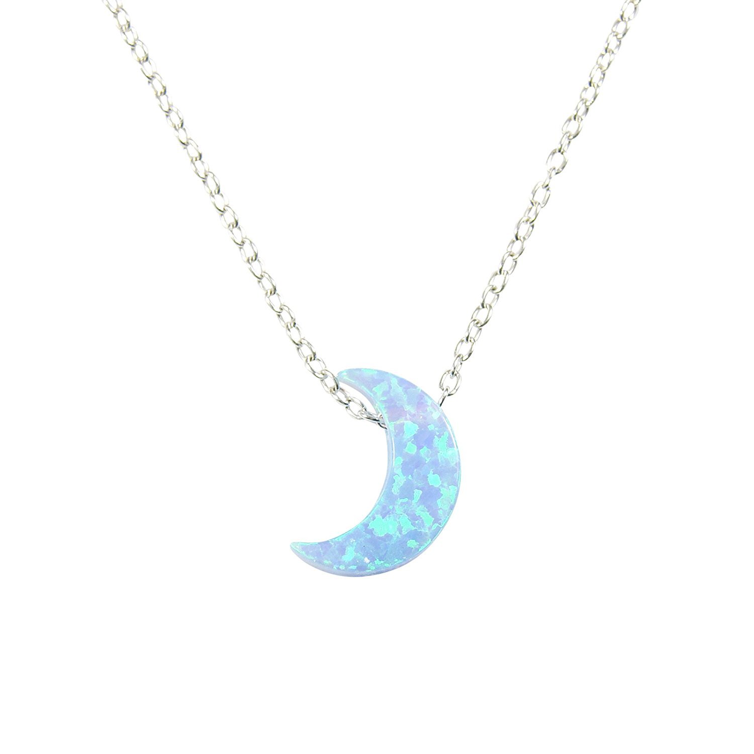 Light Blue Moon Opal Necklace - Crescent Moon Pendant with Lab Created Opal Charm, Dainty Celestial Jewelry for Women, Perfect Gift for Birthday, Anniversary & Everyday Elegance