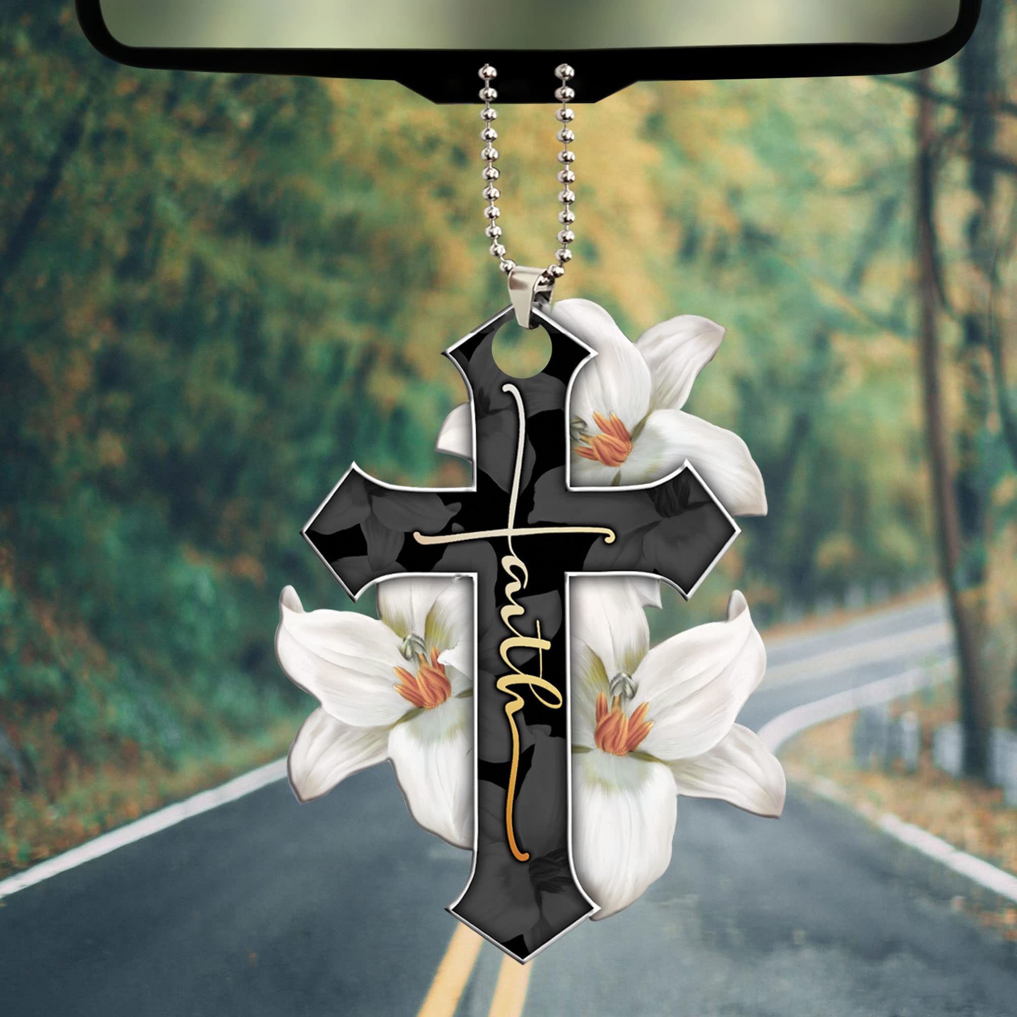 Talataca White Lily Faith Jesus Cross Christian 2D Flat Car Rearview Mirror Charm - Religious Car Accessory Decor for Christmas Tree Ornament, Interior Hanging Pendant Gift (Perfect for Daily Commute, Church Visits & Spiritual Protection)