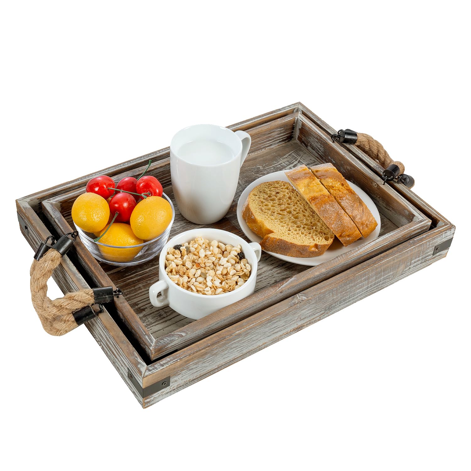 MyGift 2-Piece Rustic Wood & Black Metal Nesting Serving Trays with Rope Handles - Decorative Wooden Tray Set for Breakfast in Bed, Coffee Table, Ottoman Decor - Perfect for Home, Kitchen, and Party Serving