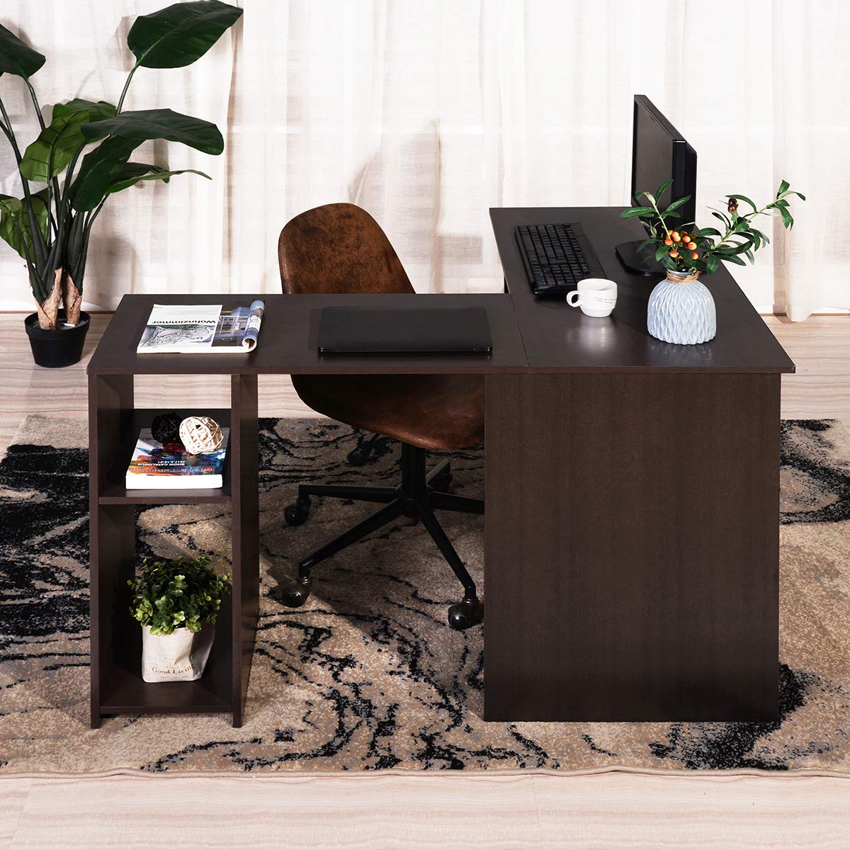 L-Shaped Corner Computer Desk with 2 Storage Shelves & Hutch - Dark Brown Home Office Workstation for Writing, Studying, and Remote Work - Perfect for Small Spaces & Gaming Setups