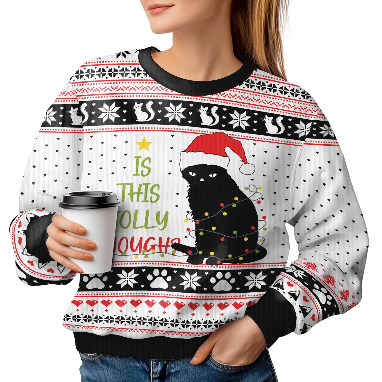 34HD Women's Cat Print Ugly Christmas Sweater - Long Sleeve Crewneck Cat Lover Gift for Holiday Parties & Festive Gatherings