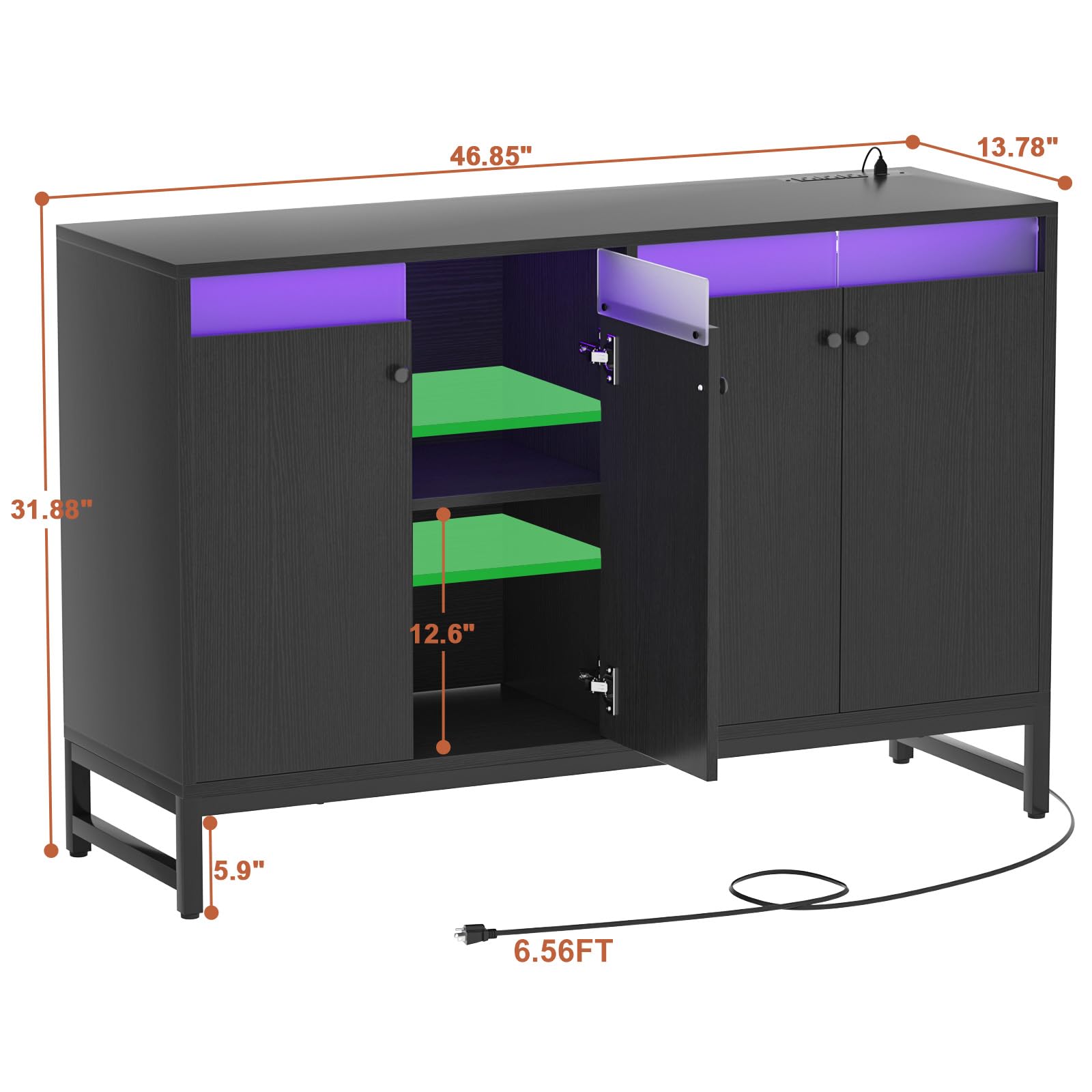 Aheaplus Modern Sideboard Buffet Cabinet with Built-in Power Outlet & LED Lighting - Kitchen Storage Cabinet with Doors - Accent Cupboard Buffet Table for Dining Room, Living Room, Hallway - Perfect for Entertaining Guests & Organizing Dishes (Black)