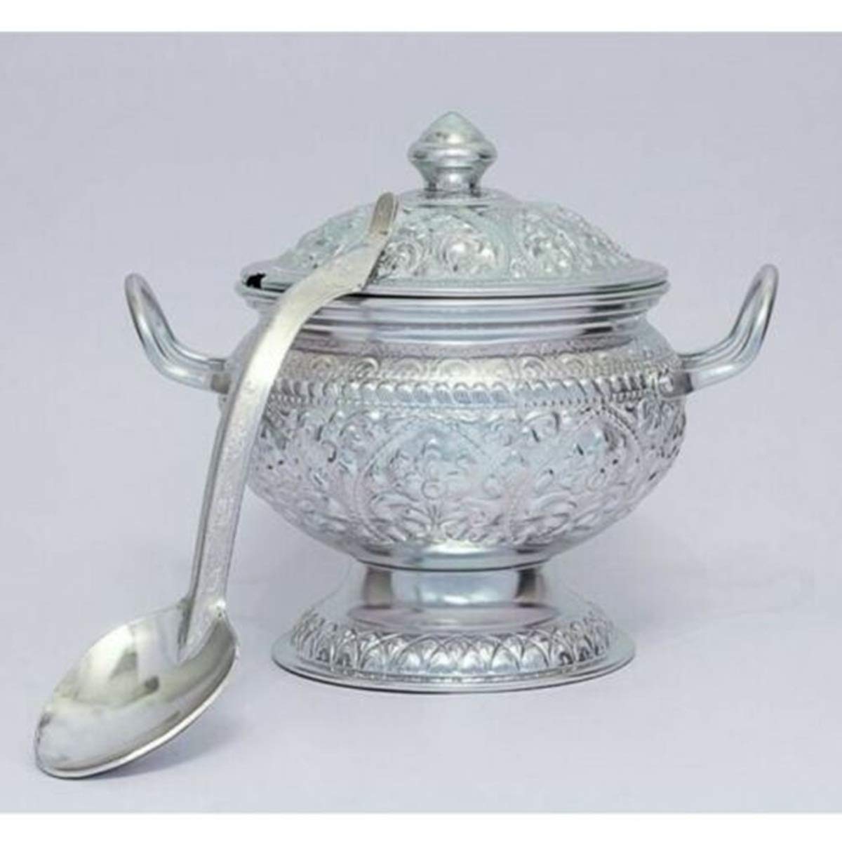 Vintage Aluminum Thai Curry Bowl with Ladle - Traditional Temple Serving Pot for Rice, Soup & Curry - Perfect for Asian Cuisine, Home Dining & Restaurant Use