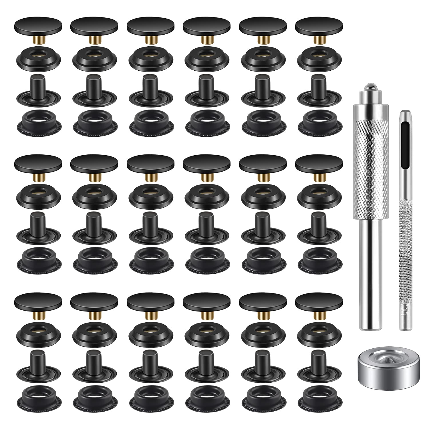 40-Piece (10 Sets) 5/8 Inch (15mm) Stainless Steel Snap Fastener Kit - Leather Snap Buttons for Bags, Jeans, Clothes & Fabric - DIY Sewing & Crafting Essential (Black)