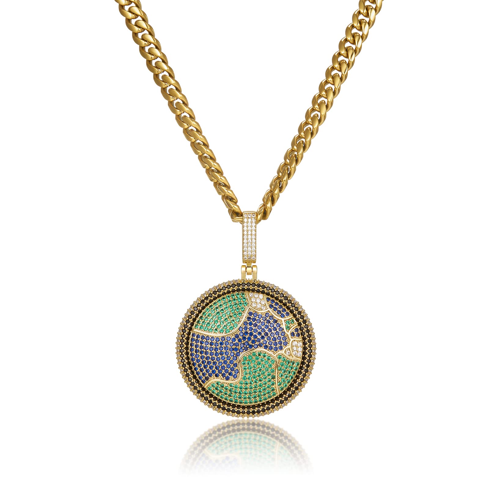 18K Gold Plated Iced Out Pendant Necklace - Hip Hop Personalized Earth Design CZ Diamond Pendant for Men & Women with 8mm 24