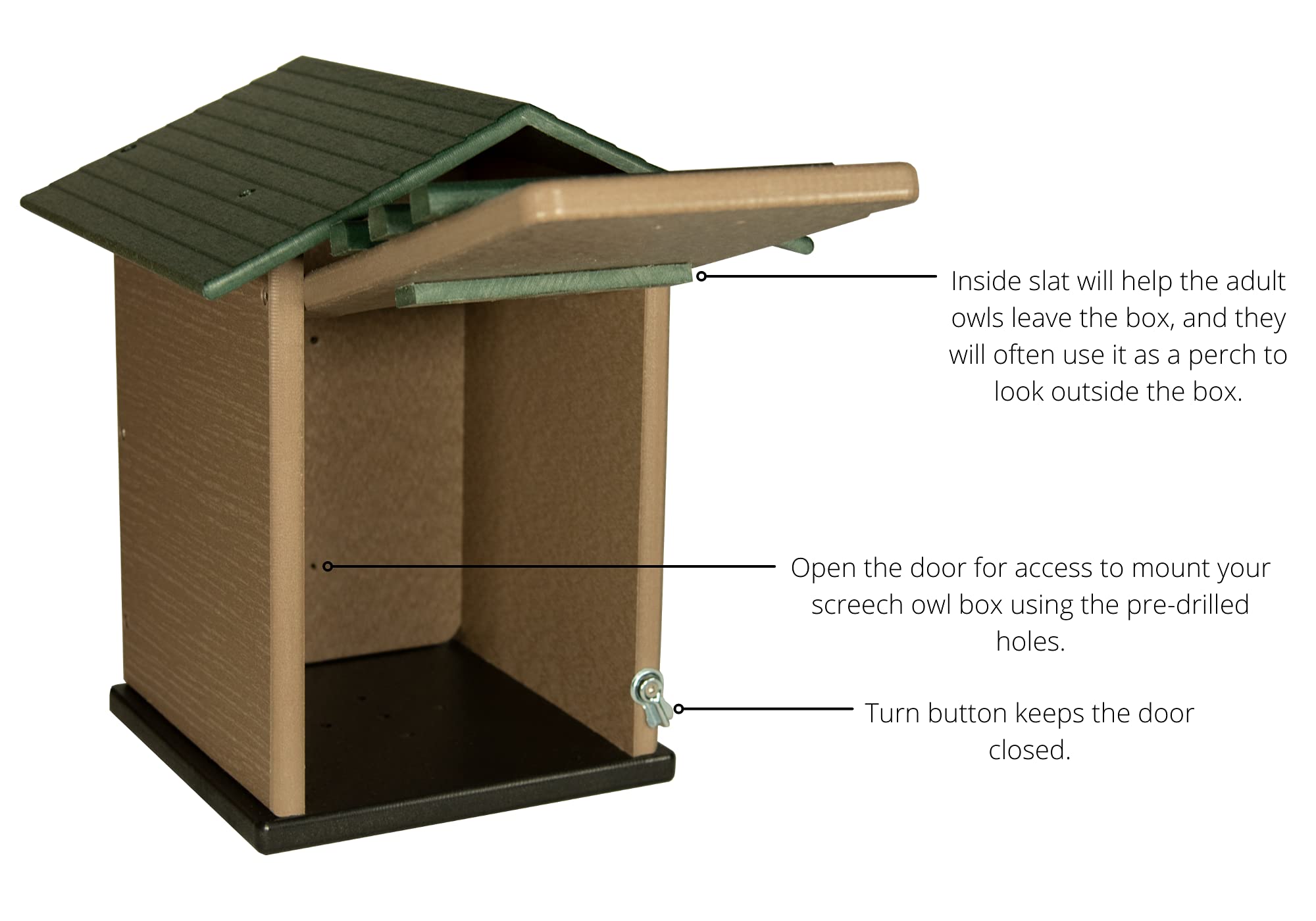 JC's Wildlife Green & Tan Ultimate Poly Screech Owl Nesting Box - Durable Owl House for Screech Owls, Saw-Whet Owls & Kestrels - Easy-Clean Design with Access Door - Perfect for Backyard Birdwatching & Wildlife Conservation
