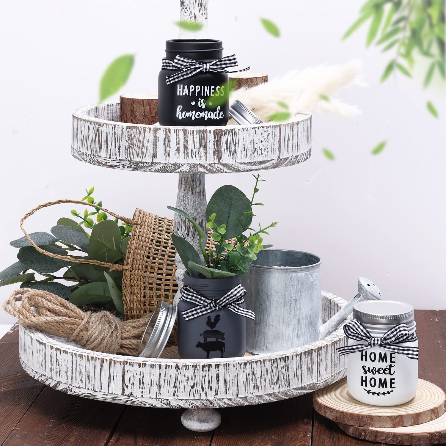 Farmhouse Mini Mason Jar Centerpiece Set of 3 - Rustic Table Decor for Coffee Table, Dining Table & Tiered Tray - Kitchen & Living Room Decor with Lids - Perfect for Weddings, Parties & Home Styling