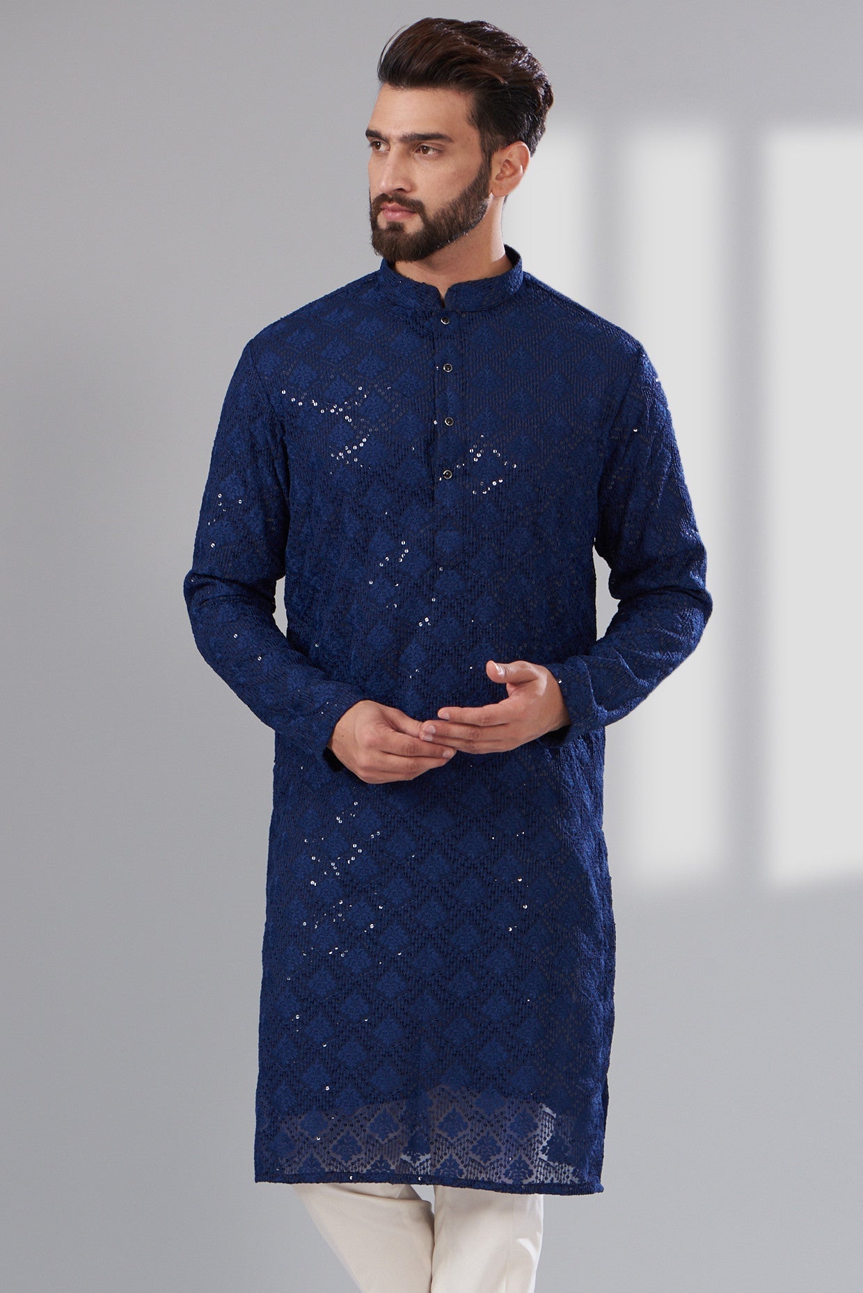 Elegant Navy Blue Chikankari Kurta for Women - Traditional Indian Embroidered Tunic Top - Perfect for Festivals, Weddings & Casual Wear