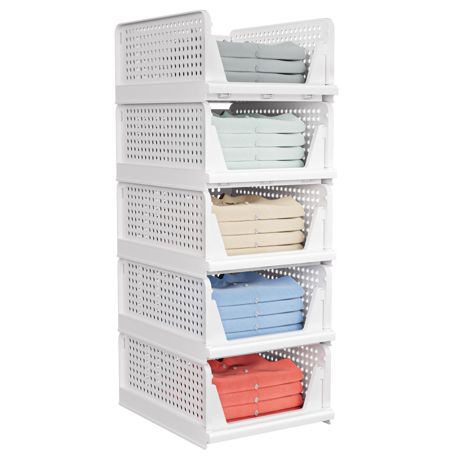 5 Pack Stackable Closet Organizer Boxes - Foldable Plastic Storage Bins & Baskets for Wardrobe, Cupboard, Kitchen, Bathroom & Office | Space-Saving Home Organization Solution for Clothes, Toys & Essentials (White)