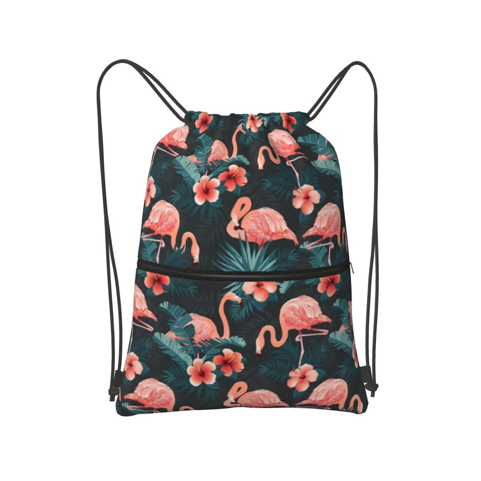 Wogxam Waterproof Drawstring Backpack - Flamingo Print Gym Sports Bag with Front Zipper Pocket for Women, Men, Boys & Girls - Perfect for Workouts, Travel & School