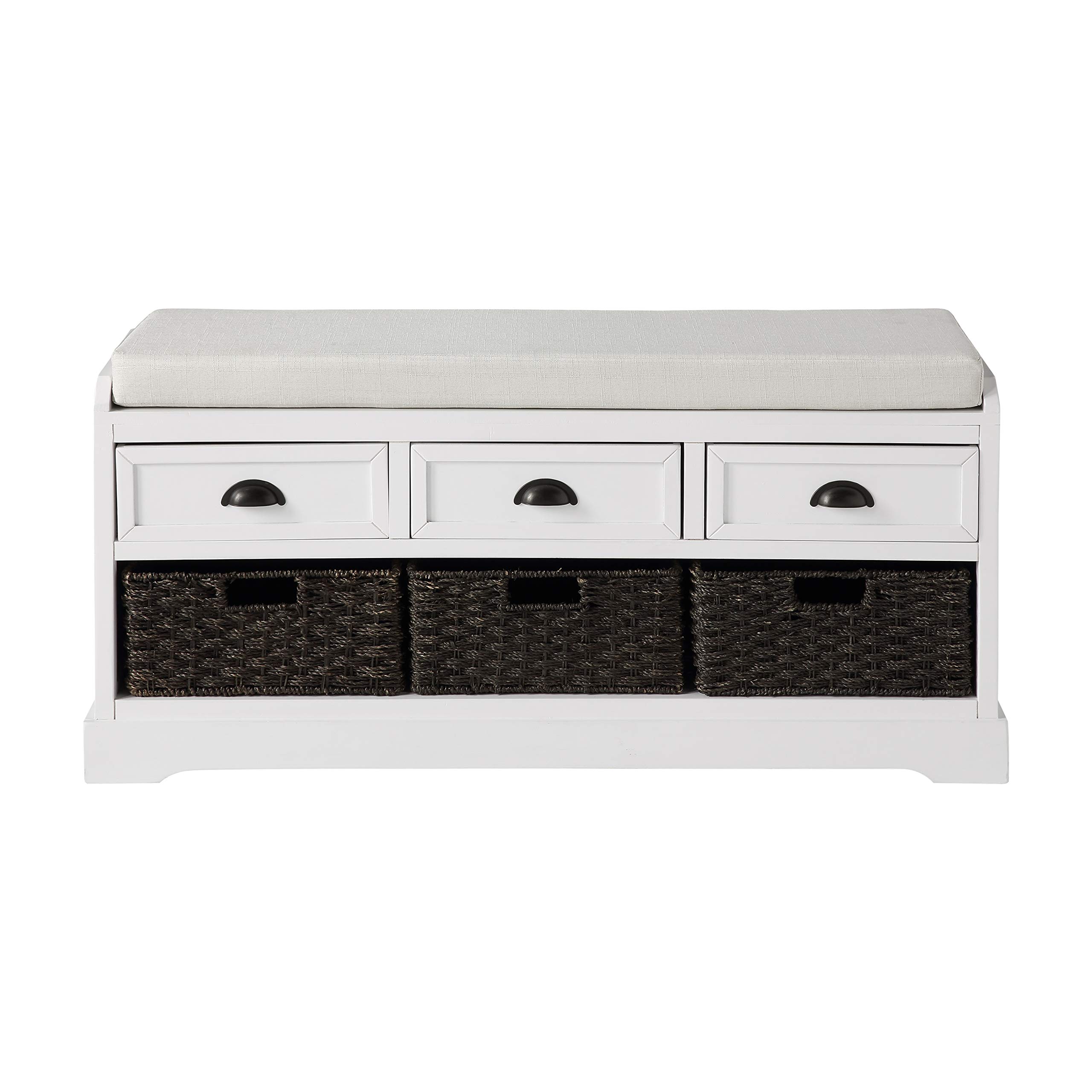 Wooden Storage Bench with 3 Drawers & Wicker Baskets - Entryway Shoe Bench with Removable Cushion for Hallway, Living Room, Bedroom - White Home Furniture for Organizing Shoes, Blankets & Home Decor