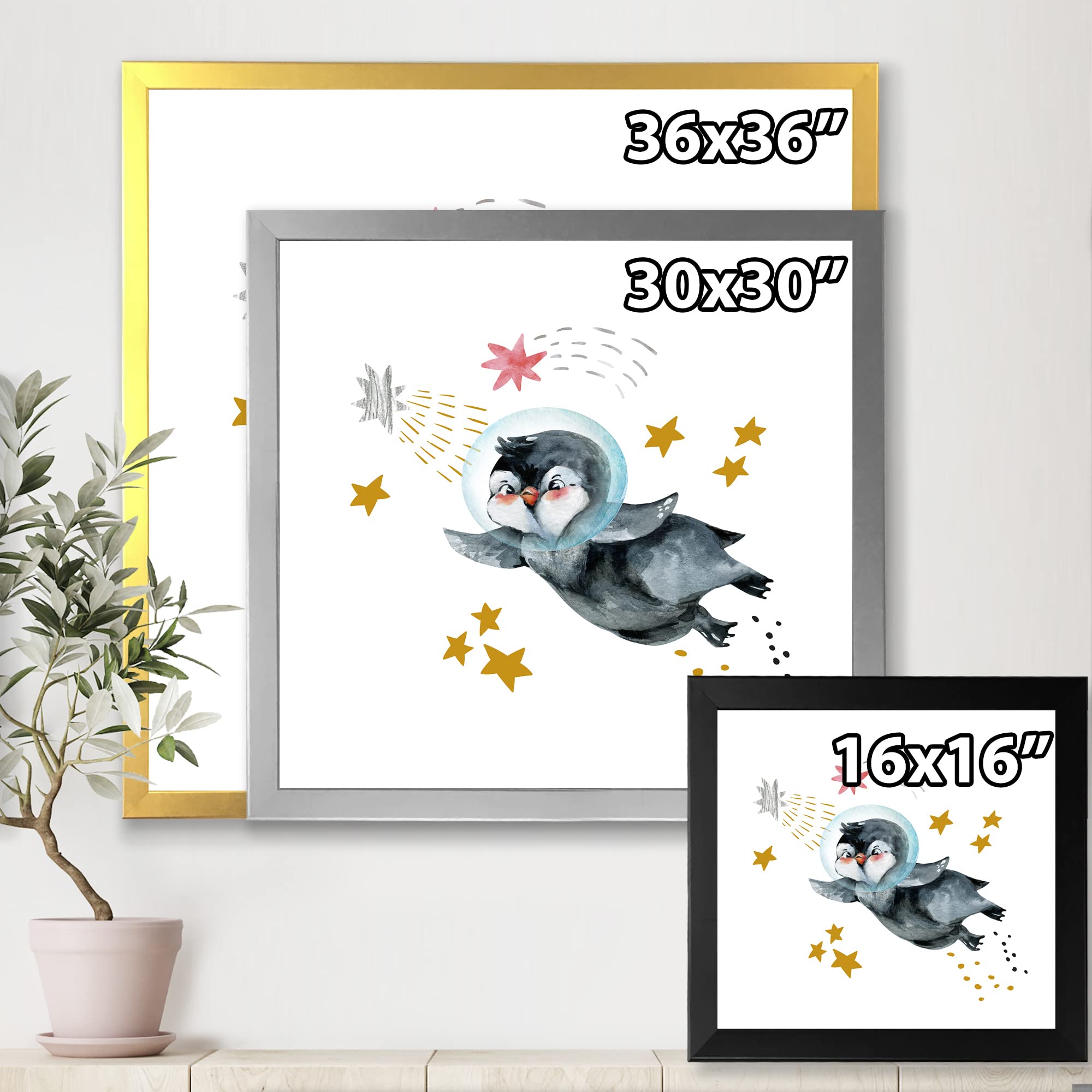 DesignQ Little Penguin Flying Stars and Planets Farmhouse Framed Wall Art - Nursery Decor, Kids Room Wall Art, Living Room Decoration