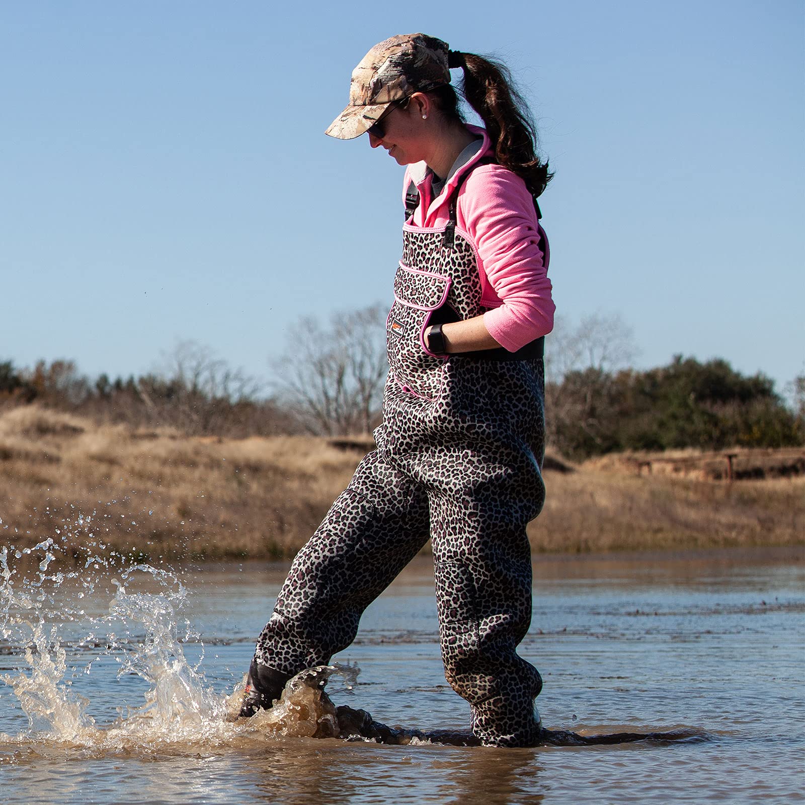 HISEA Women's Neoprene Chest Waders with Boots - Waterproof Hunting & Fishing Waders for Women, Camo Leopard Print - Ideal for Duck Hunting, Fly Fishing & Outdoor Adventures