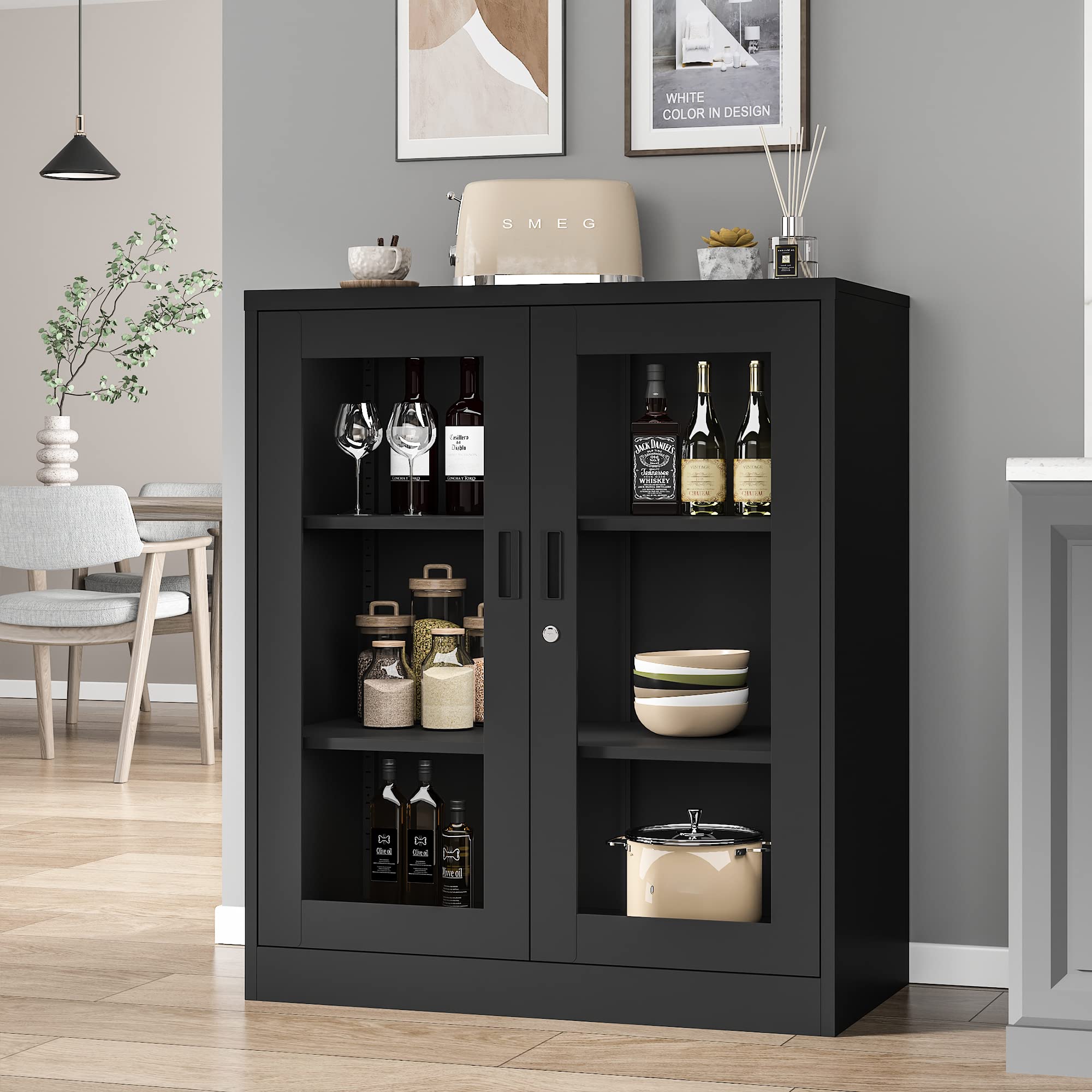 Metal Storage Cabinet with Glass Doors - Adjustable Shelves & Lockable Display for Home, Living Room, Hallway | Modern Sideboard & Bookcase for Collectibles, China, Decor