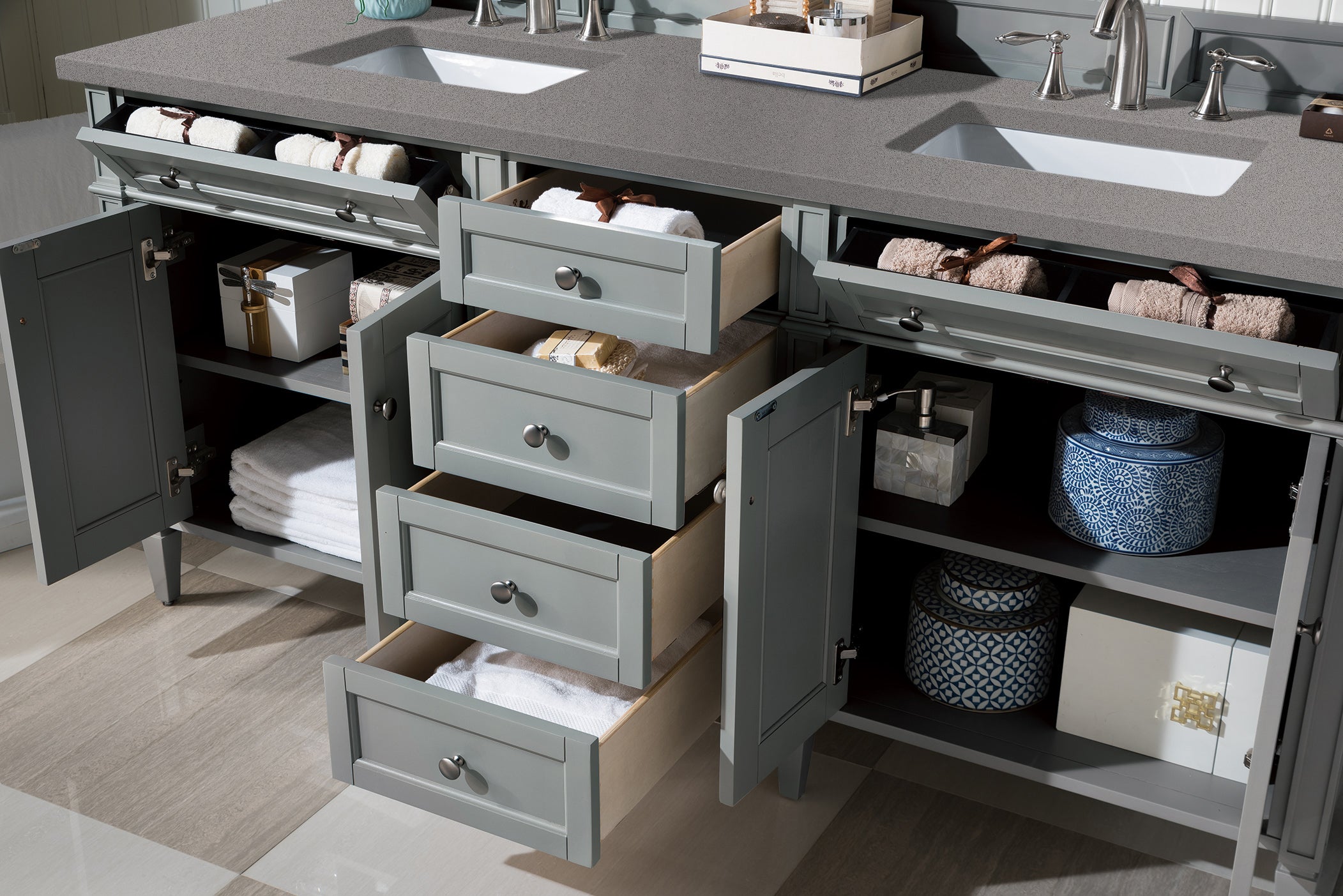 Brittany 72 Inch Urban Gray Double Vanity with 3CM Grey Expo Quartz Top - Modern Bathroom Vanity Set for Master Bath & Guest Bathroom Renovation