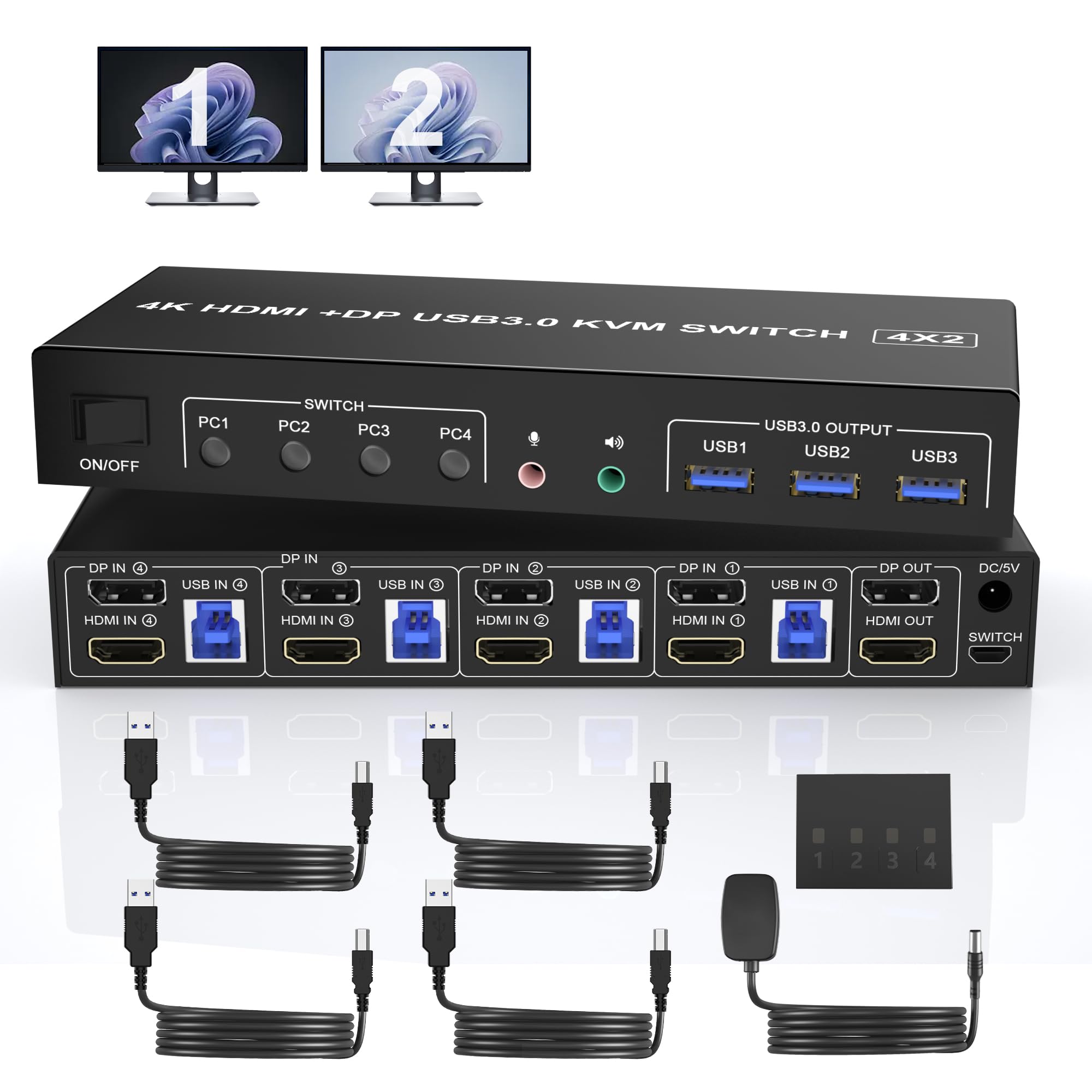4K 60Hz USB 3.0 KVM Switch - Dual Monitor HDMI+DisplayPort for 4 PCs, 2 Monitors | Audio & Mic Support | 3 USB 3.0 Ports | Perfect for Home Office, Gaming Setup & Multi-Computer Workstations