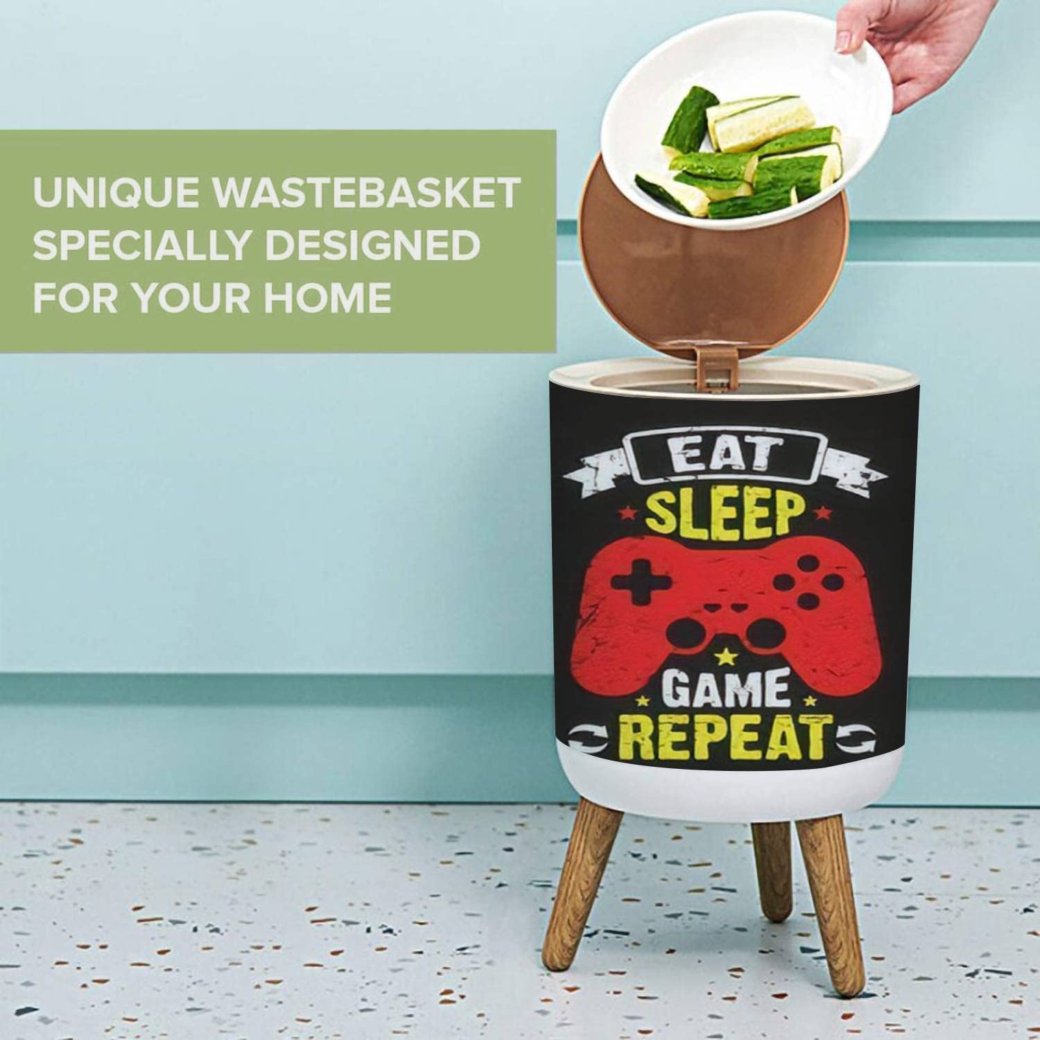 Small Trash Can with Lid - 1.8 Gallon Round Waste Bin with Press Cover & Gaming Typographic Quotes Design | Dog Proof Garbage Bin for Kitchen, Bathroom, Living Room | Perfect for Gaming Rooms, Home Offices & Dorm Rooms