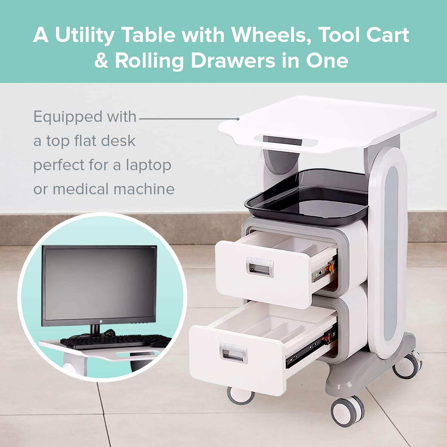 Professional Utility Cart with Wheels - Heavy Duty Rolling Cart with Drawers for Dental Office, Medical Trolley, Salon & Lab - Mobile Storage Cart for Cavitation Machines, Esthetician Supplies & Beauty Tools - Perfect for Clinics, Spas & Medical Facilities
