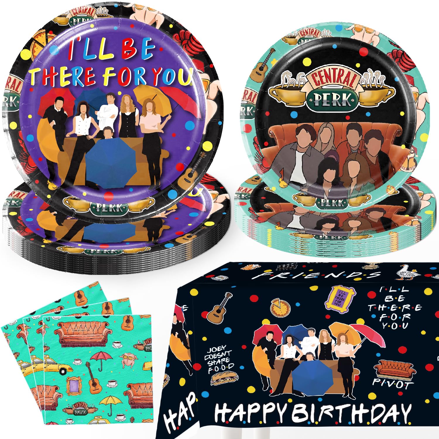 Friends TV Show Party Decorations Set - Disposable Plates, Napkins, Tablecloth & Tableware for Friends Theme Party Supplies | Perfect for Birthday, Reunion & Fan Gatherings