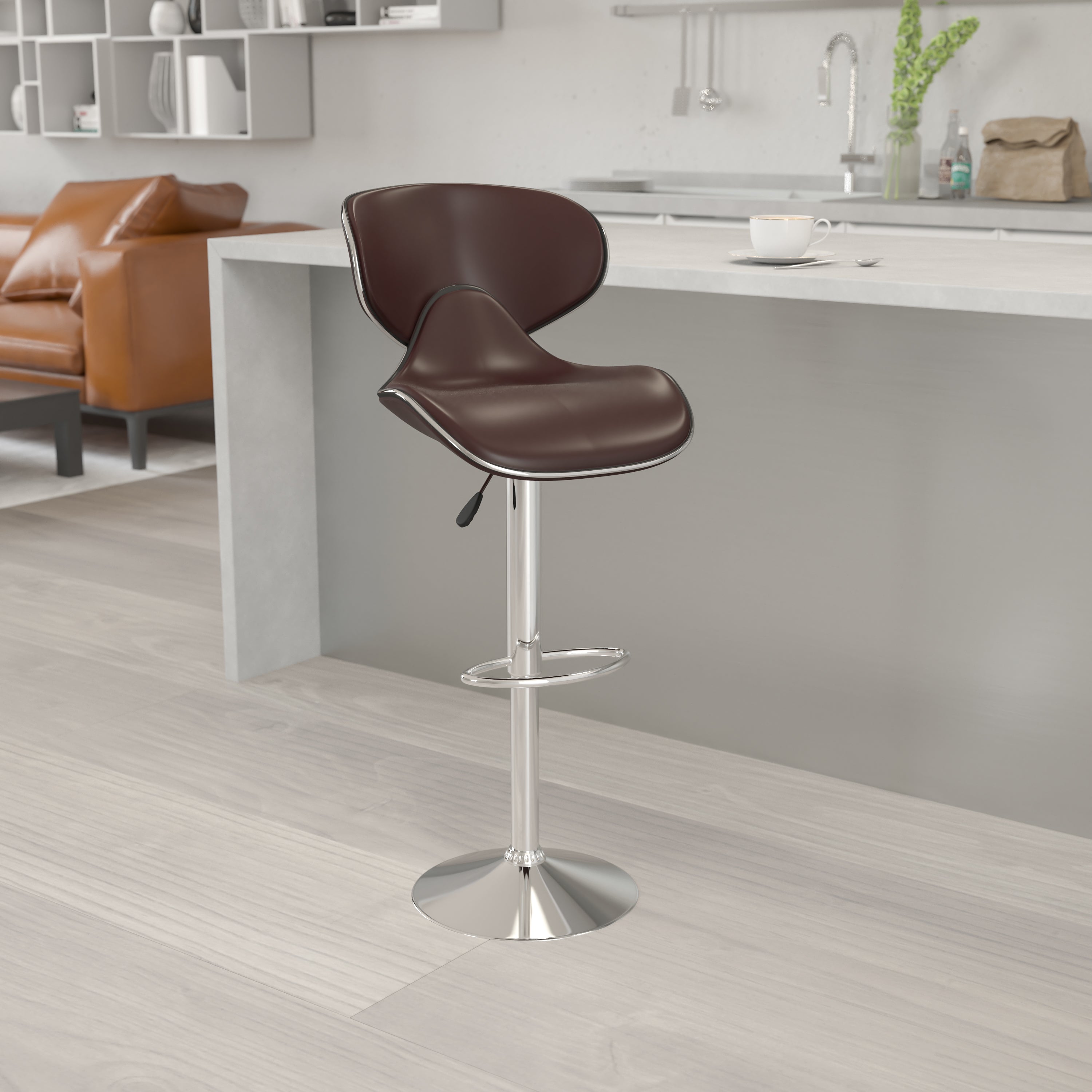Devin Contemporary Adjustable Height Barstool - Black Vinyl Upholstery, Chrome Base - Modern Kitchen Island & Home Bar Stool for Dining & Entertaining