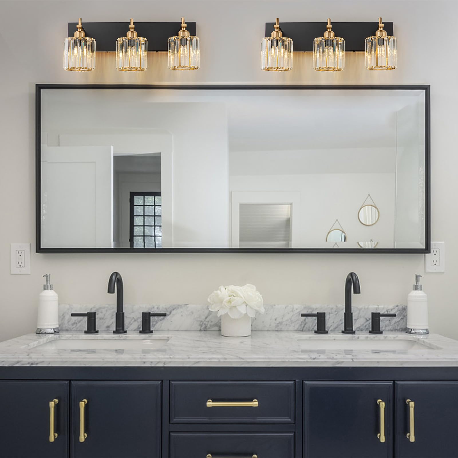 Modern Crystal Bathroom Vanity Lights - Black Gold 3-Light Fixture for Mirror Wall Lighting with Polished Gold Finish (Bulbs Not Included) - Perfect for Bathroom, Powder Room & Spa Decor
