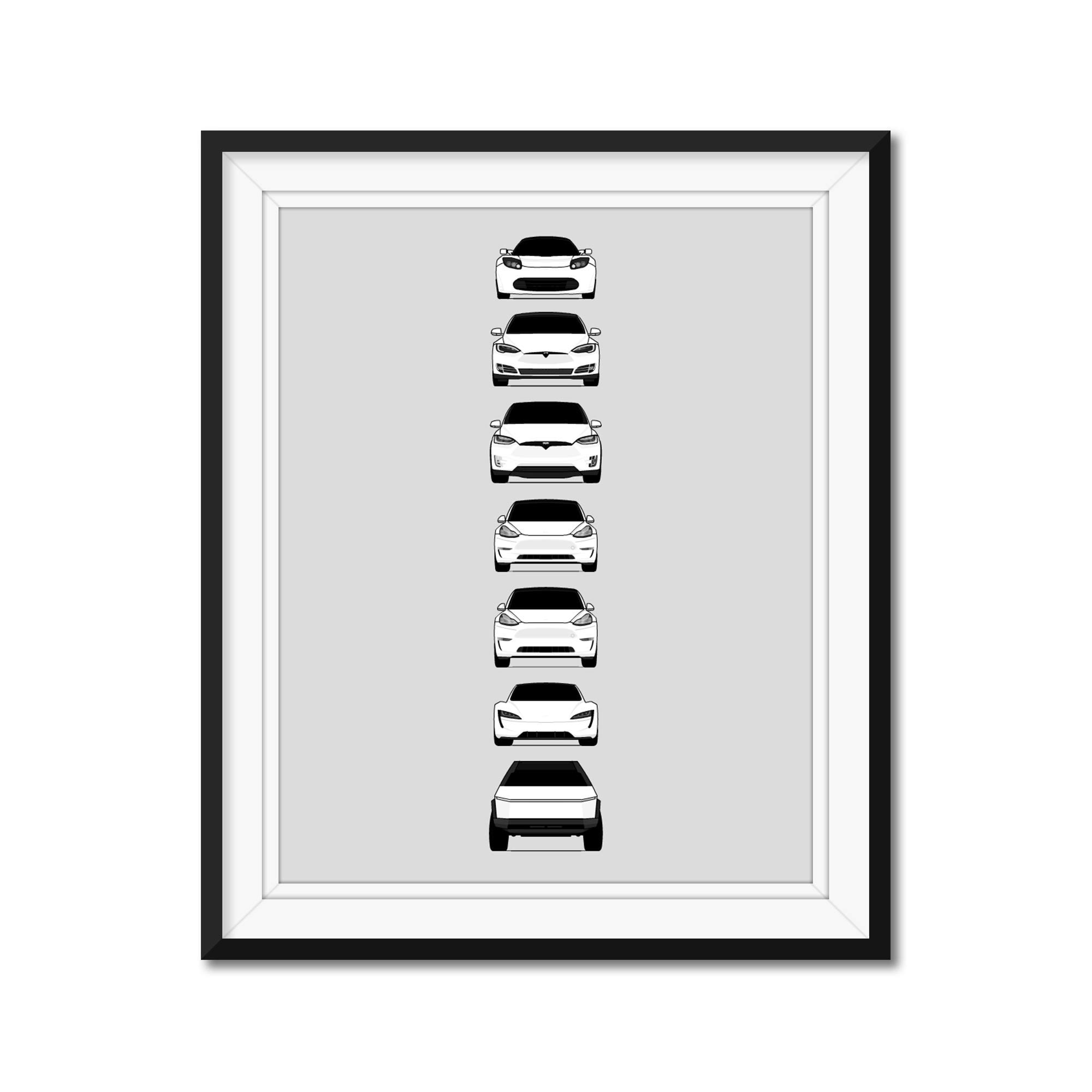 Tesla Generations Art Print - Handmade Roadster, Model S, X, 3, Y & Cybertruck Metal Poster 24x36
