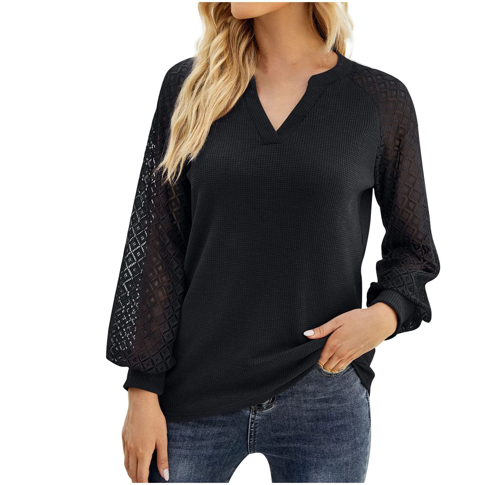 Women's Fashion Lace Hollow Out Long Sleeve V-Neck Sweatshirt - Patchwork Waffle Knit Loose Fit Top for Casual Wear, Date Night & Fall Layering