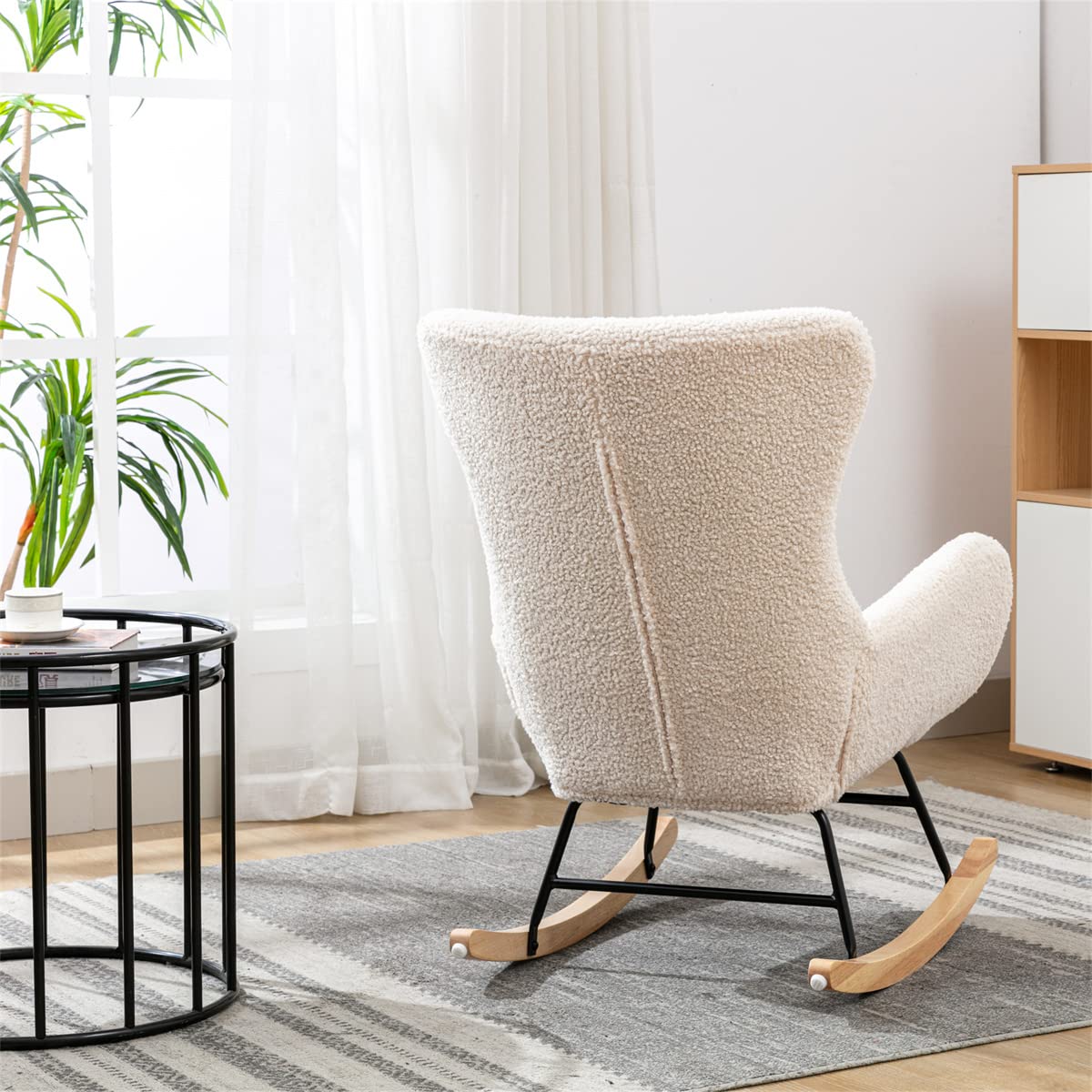 Teddy Rocking Chair - Upholstered High Back Accent Chair with Armrests & Padded Seat - Sturdy Metal & Wood Base Rocking Sofa for Living Room, Bedroom, Office - Beige Fabric - Perfect for Nursery, Reading Nook & Relaxation