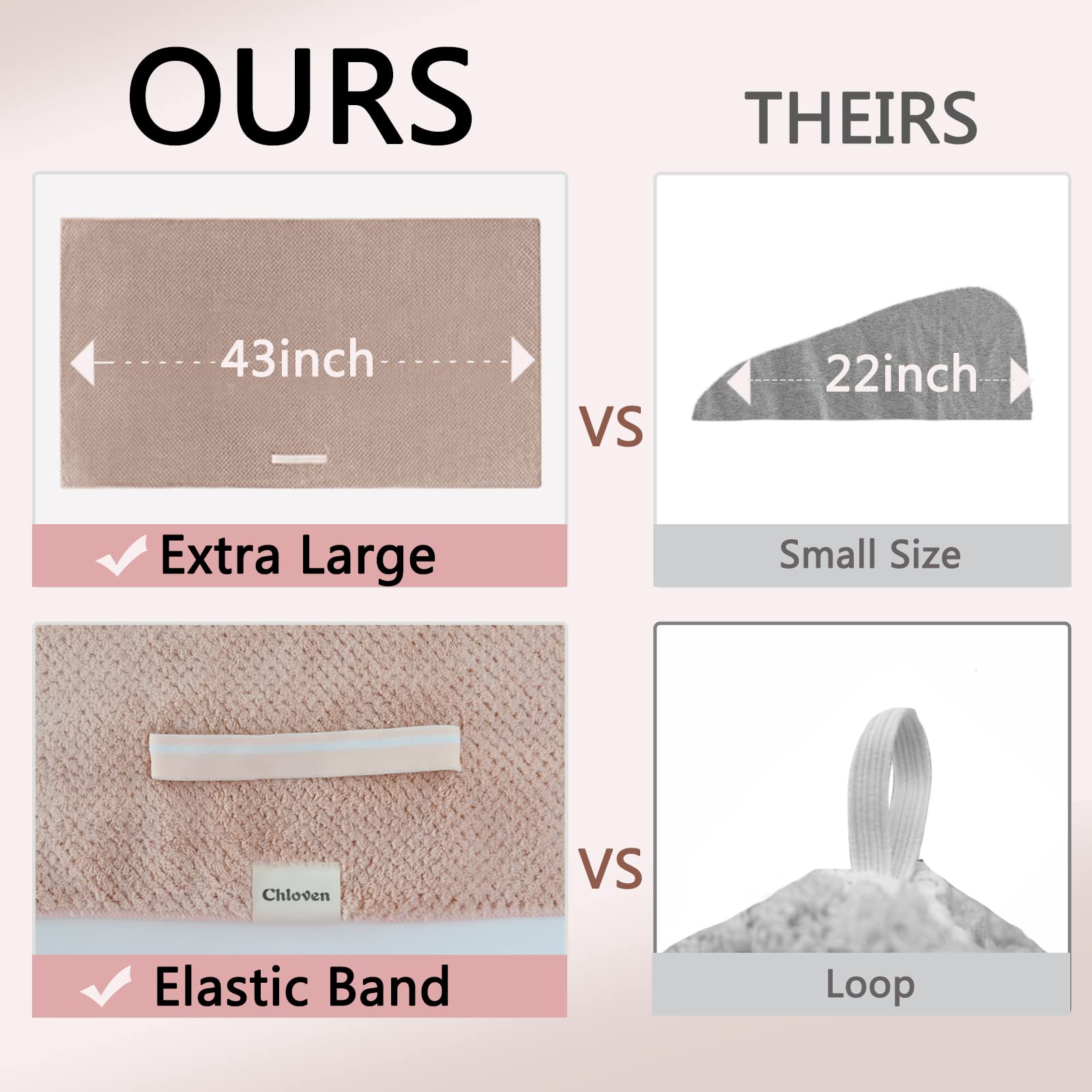Chloven Jumbo Large Microfiber Hair Towel Wrap for Women - Anti-Frizz Quick Dry Hair Towel with Elastic Strap, Super Absorbent & Ultra Soft XL Hair Wrap for Thick Hair - Perfect for Post-Shower, Salon, Travel & Home Hair Care