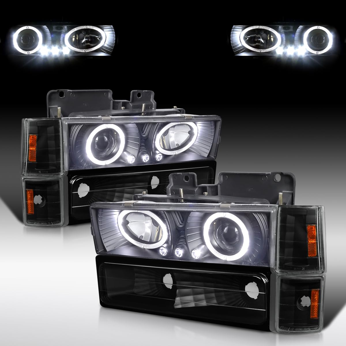 AUTOZENSATION LED Halo Black Projector Headlights & Bumper Lights Compatible with 1994-1998 GMC C/K C10, Sierra, Yukon, Suburban - Left & Right Pair Headlamp Assembly - Upgrade for Off-Road & Night Driving