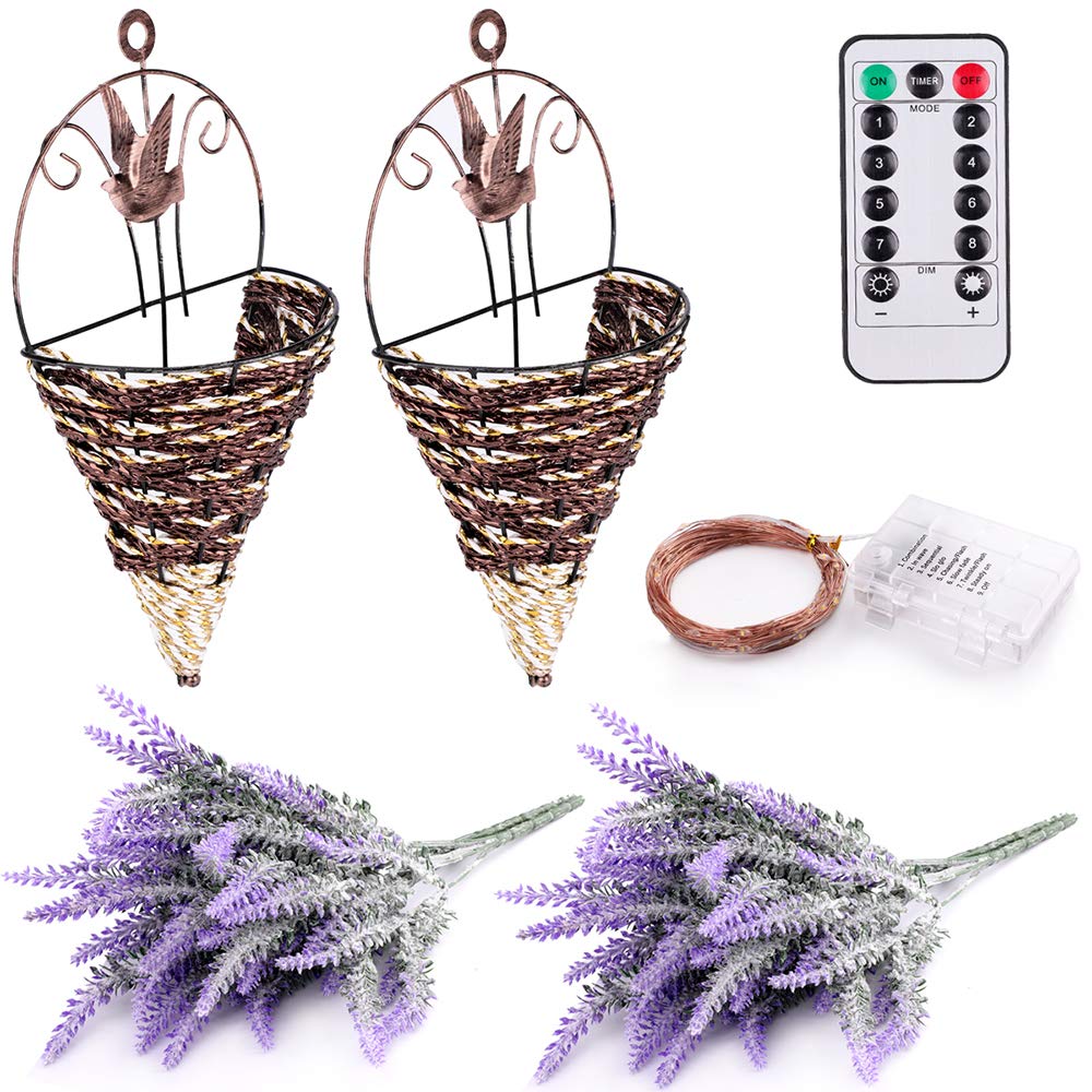 LED Lavender Wall Decor - Handmade Artificial Plant with Fairy Lights for Farmhouse, Kitchen & Bathroom Decor (2 Pack, Purple)
