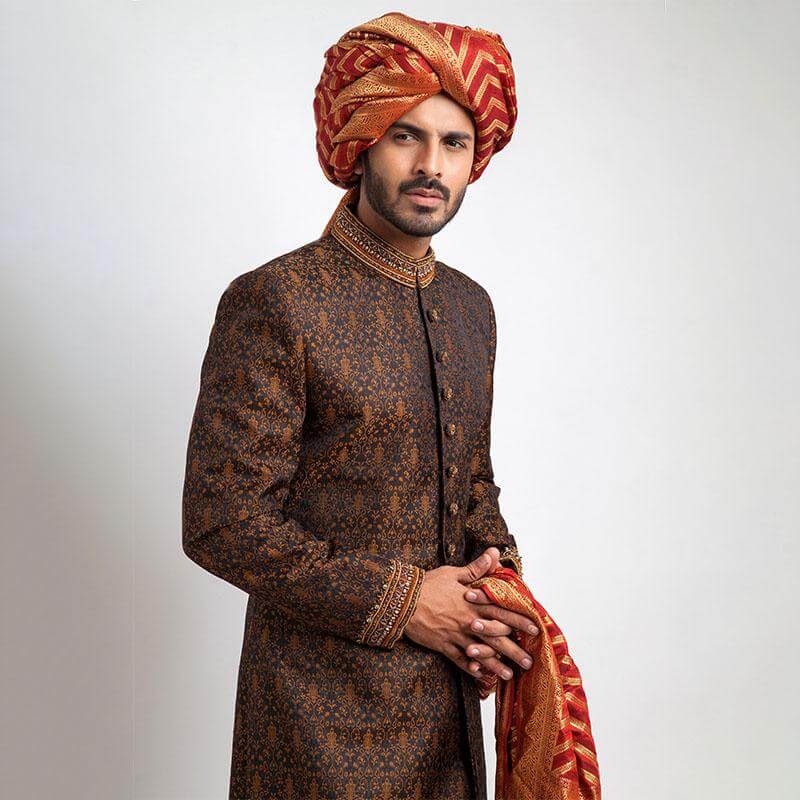 Black and Copper Pure Jamavar Silk Sherwani for Men | Elegant Indian Wedding Attire | Perfect for Groom Wear, Festive Occasions & Cultural Celebrations