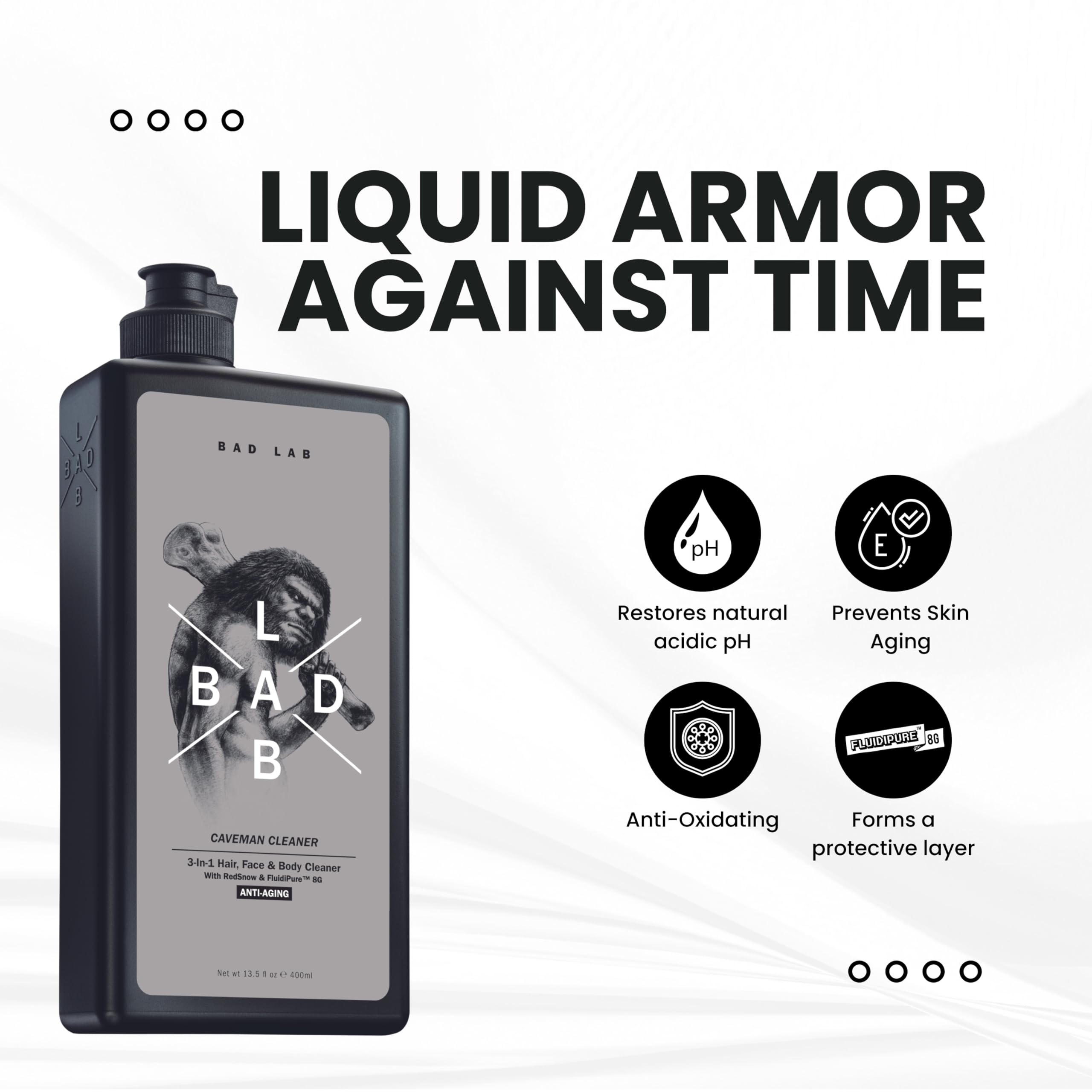 Bad Lab Anti-Aging 3-in-1 Caveman Cleaner for Face, Body & Hair | Men's Shower Gel with Vitamin E, Fluidipure™ 8G & Red Snow Extract | pH Balancing, Antioxidant & Odor Control | 400ml | Perfect for Gym, Travel & Daily Skincare Routine