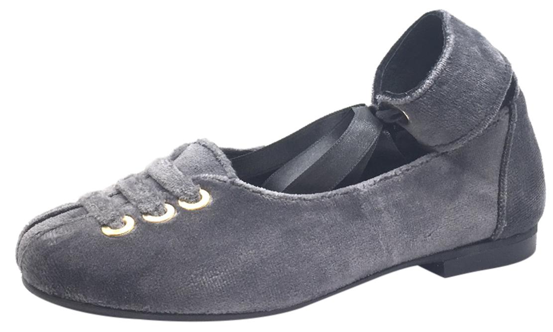 Luccini Girls Grey Velvet Leather-Lined Ankle Strap Ballet Flats with Ribbon Tie - Comfortable Dress Shoes for School, Parties & Special Occasions
