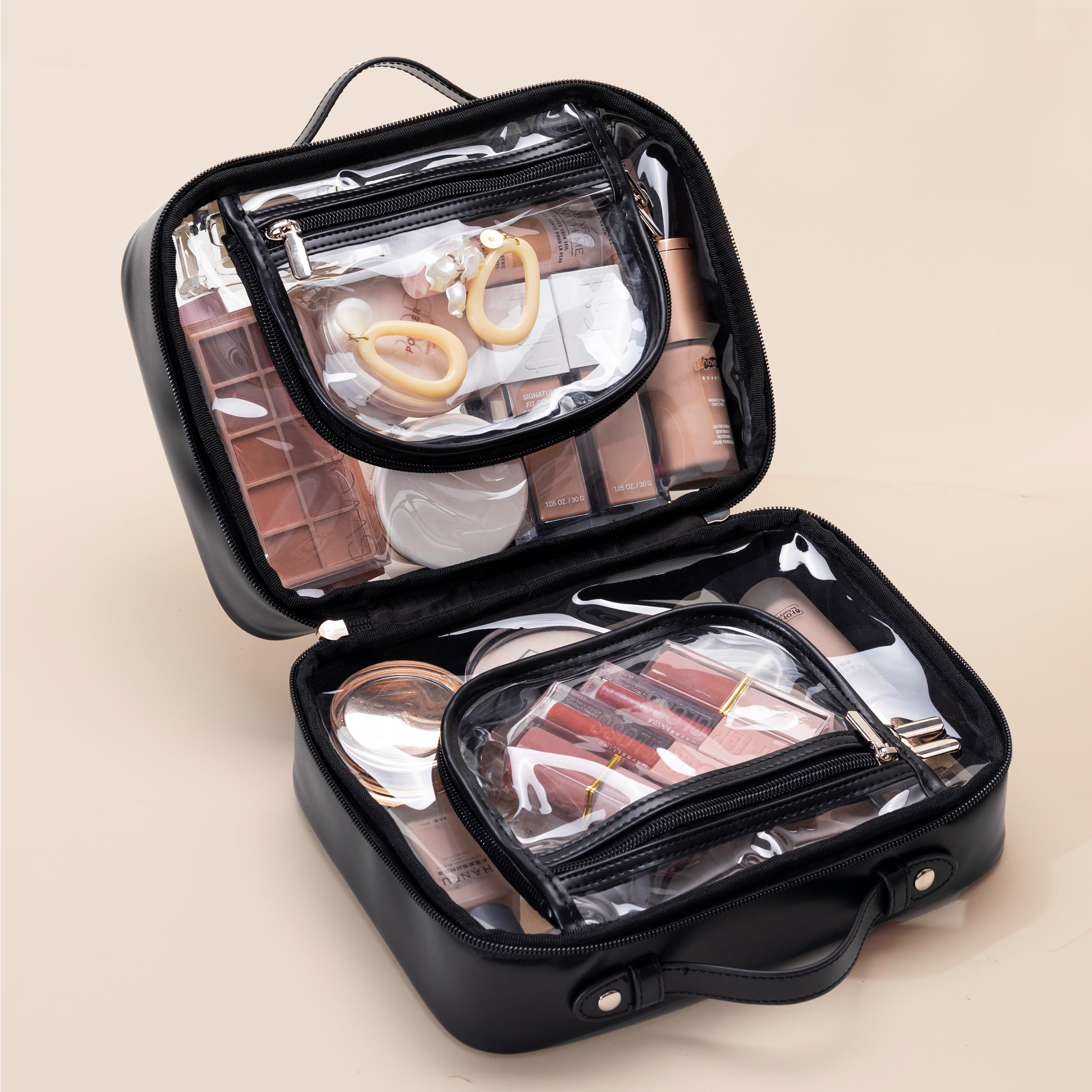 HBselect TSA Approved Clear Travel Toiletry Bag for Women - Large Black Waterproof Makeup Organizer Cosmetic Bag for Airplane Carry-on, Gym, Vacation & Business Trips