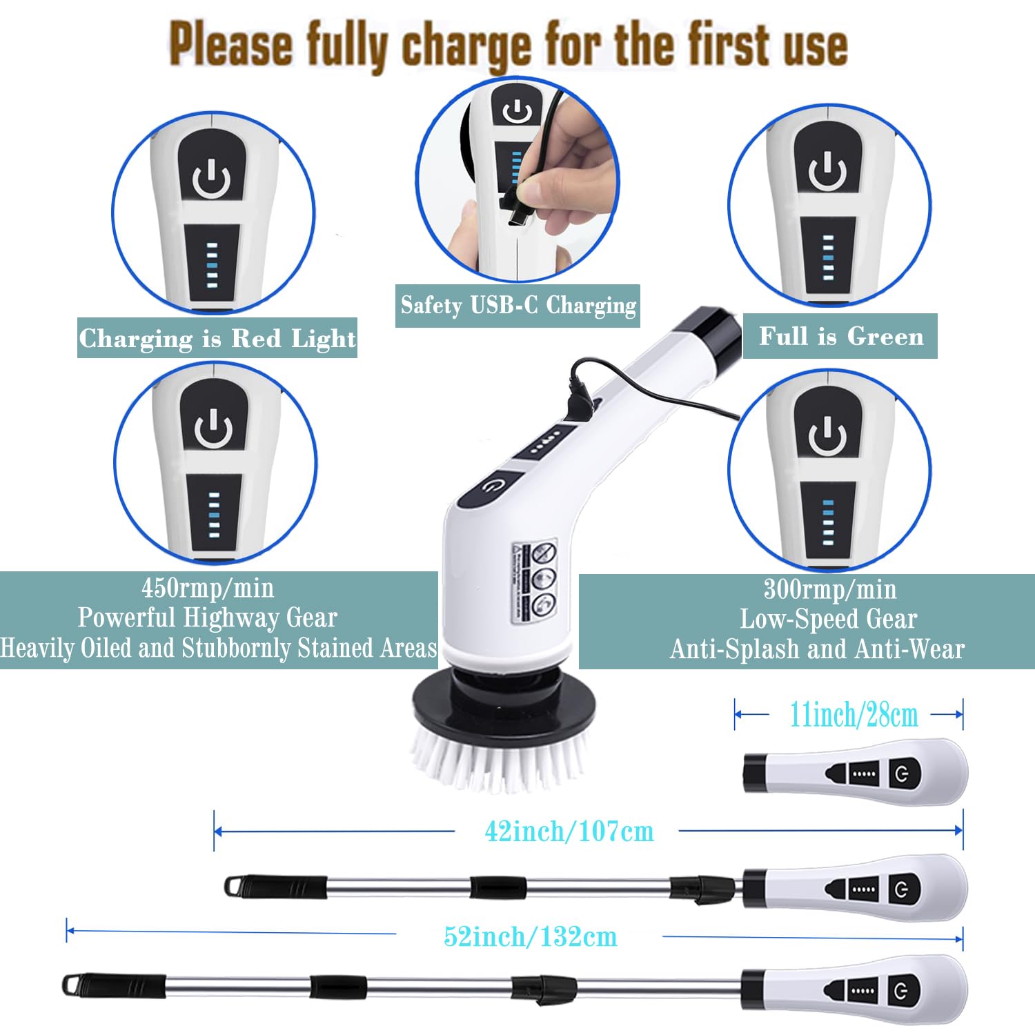 Electric Spin Scrubber - Cordless Cleaning Brush with 9 Replaceable Brush Heads, 2 Speed Settings & Adjustable Handle | Powerful Shower, Bathroom & Kitchen Cleaner for Tile, Grout & Hard Surfaces | 2024 Upgrade Model for Deep Cleaning