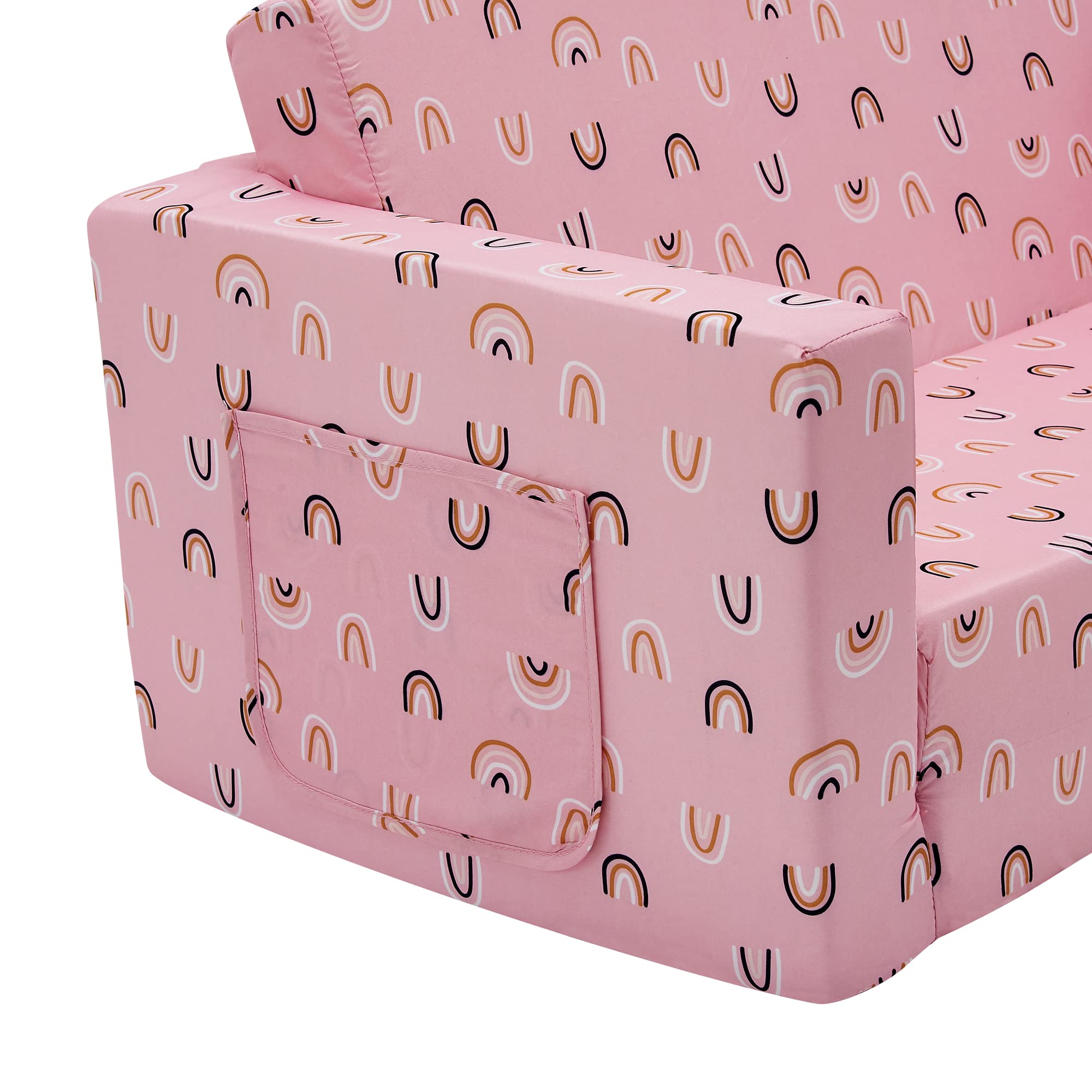 Ulax Kids 2-in-1 Fold Out Couch & Lounger - Convertible Sofa Bed for Children with Soft Plush Fabric (Pink Rainbow) - Perfect for Playrooms, Bedrooms & Sleepovers