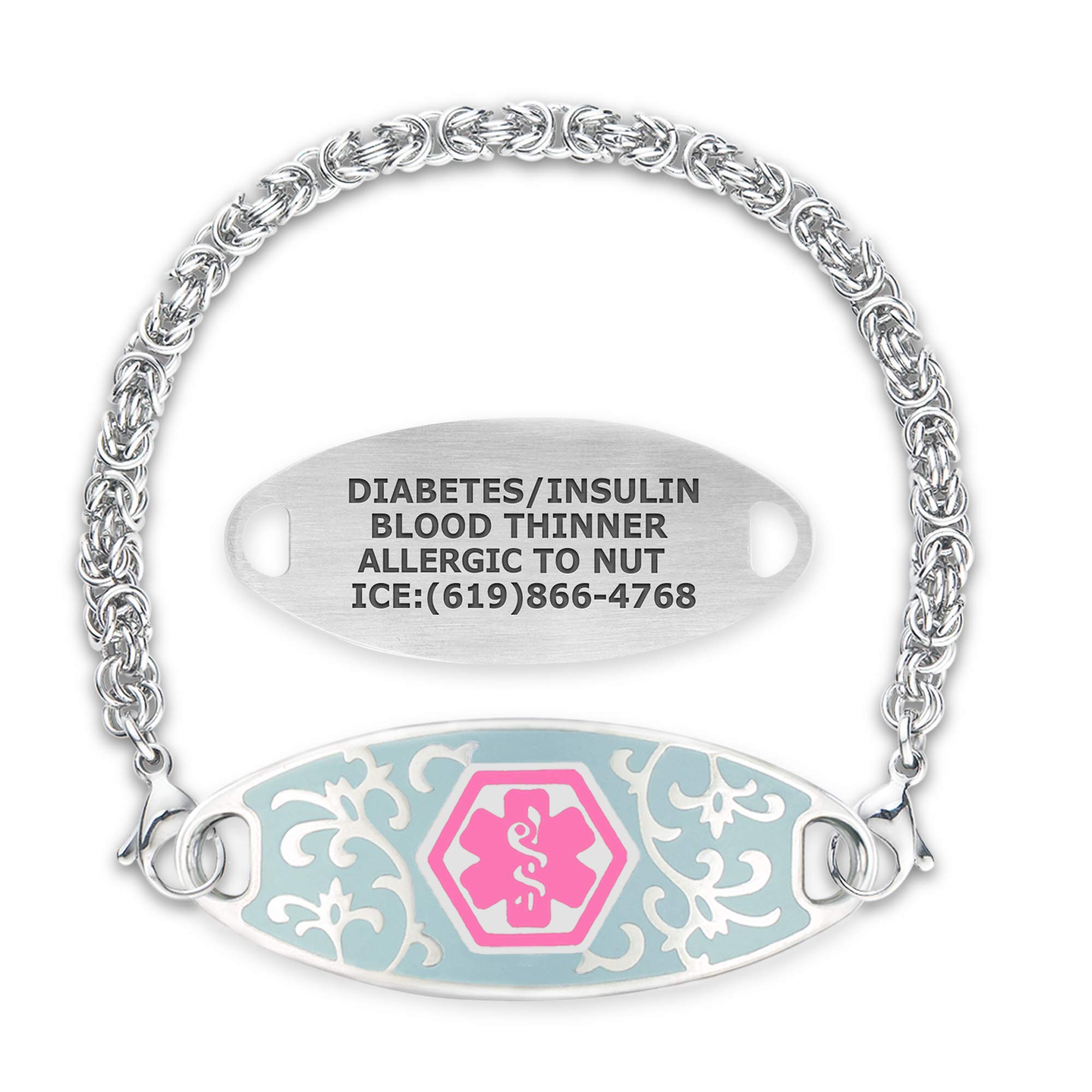 Divoti Custom Engraved Medical Alert Bracelets for Women - Stainless Steel Medical ID Bracelet with Free Engraving - Jardin Tag with Handmade Byzantine Chain - Adjustable Sizing - Perfect for Diabetes, Allergies & Emergency Medical Identification