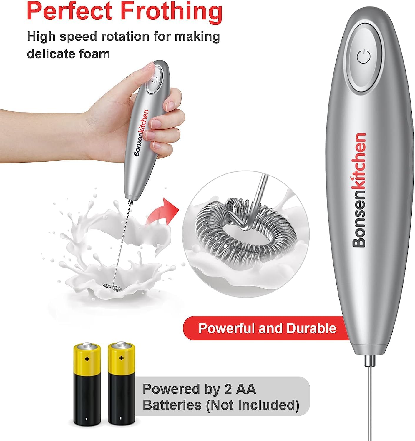 Bonsenkitchen Handheld Milk Frother - Automatic Battery Operated Foam Maker for Coffee, Matcha, Hot Chocolate, Mini Drink Mixer - Silver - Perfect for Home, Office & Cafe Use
