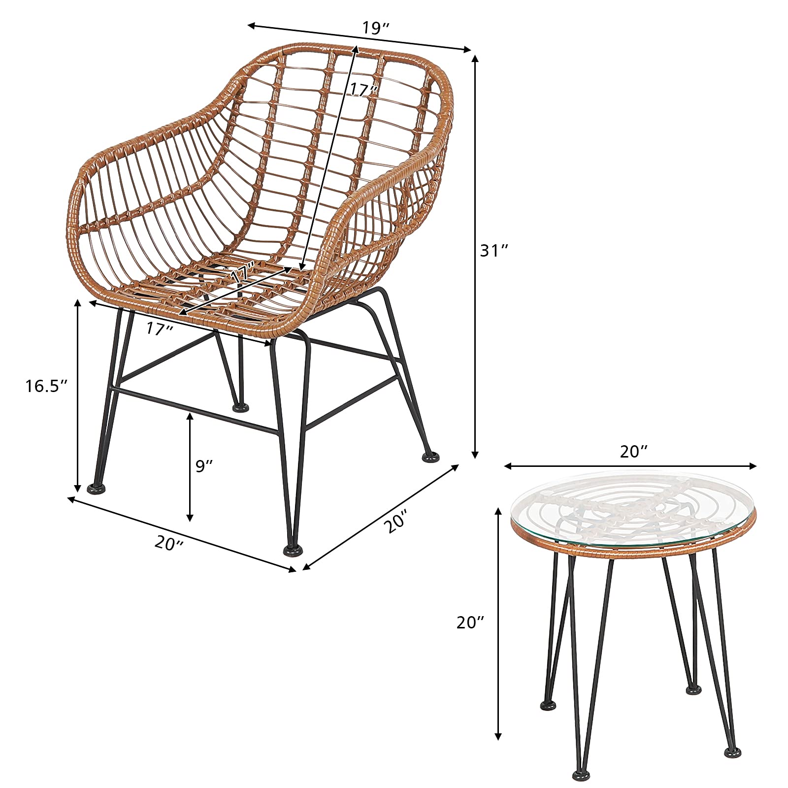 RELAX4LIFE 3-Piece Outdoor Rattan Bistro Set with Tempered Glass Table & 2 Armchairs - Patio, Porch, Garden Furniture for Relaxing, Entertaining & Dining (Turquoise)