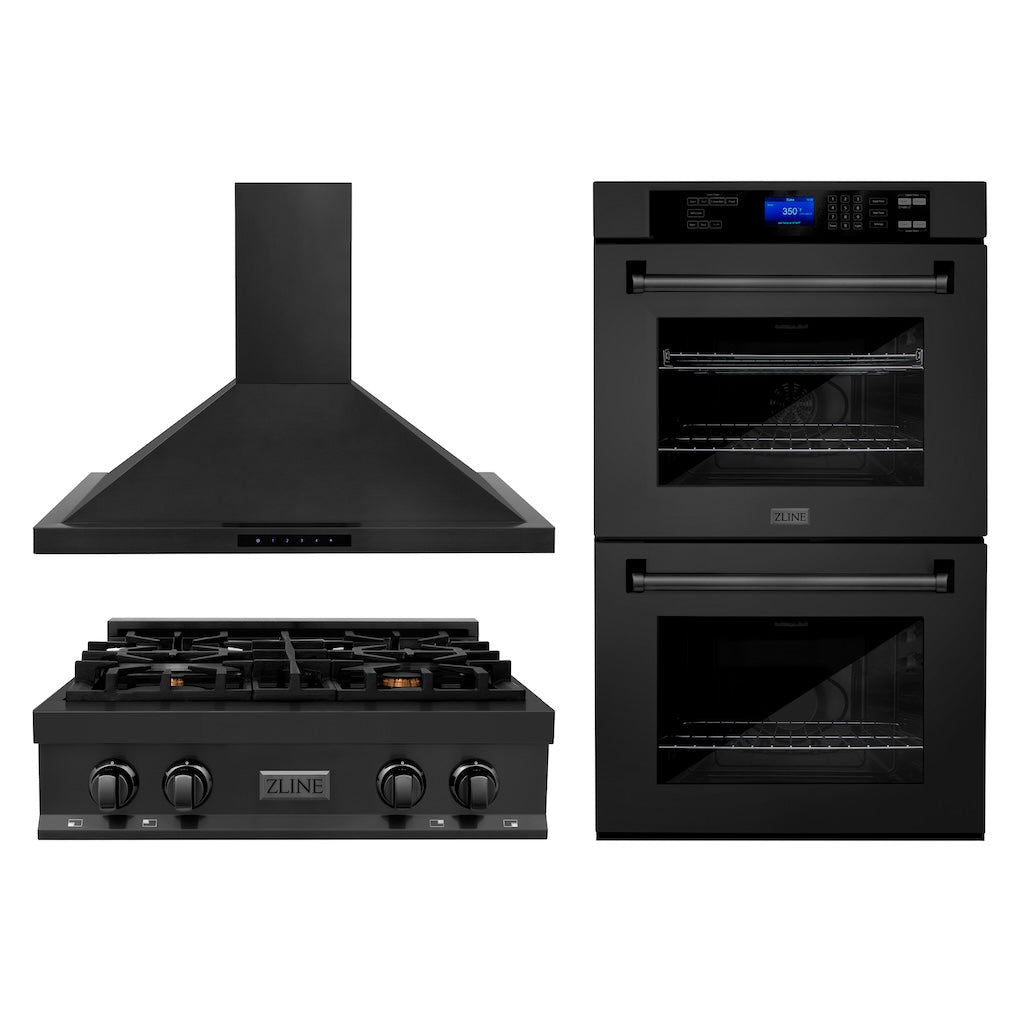 ZLINE 30-inch Black Stainless Steel Kitchen Package - Gas Rangetop, Convertible Range Hood & Double Wall Oven (3KP RTBRH30 AWD) | Perfect for Modern Home Chefs & Gourmet Cooking Enthusiasts