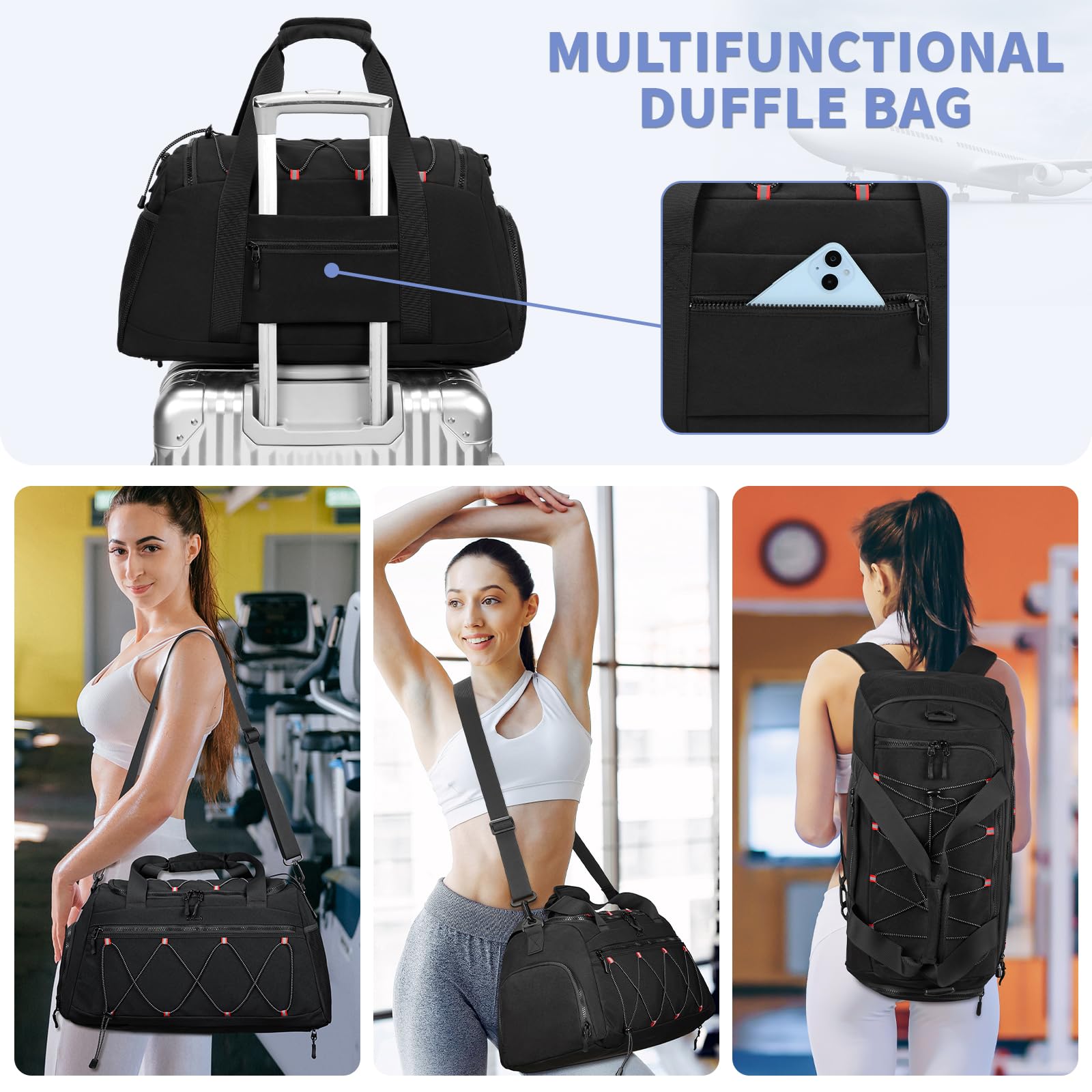 **Women's 40L Gym Bag with Shoe Compartment - Sports Travel Duffel Backpack, Carry-On Weekender Overnight Bag for Workout, Fitness & Travel - Perfect for Gym, Yoga, Swimming & Weekend Getaways (Black)**
