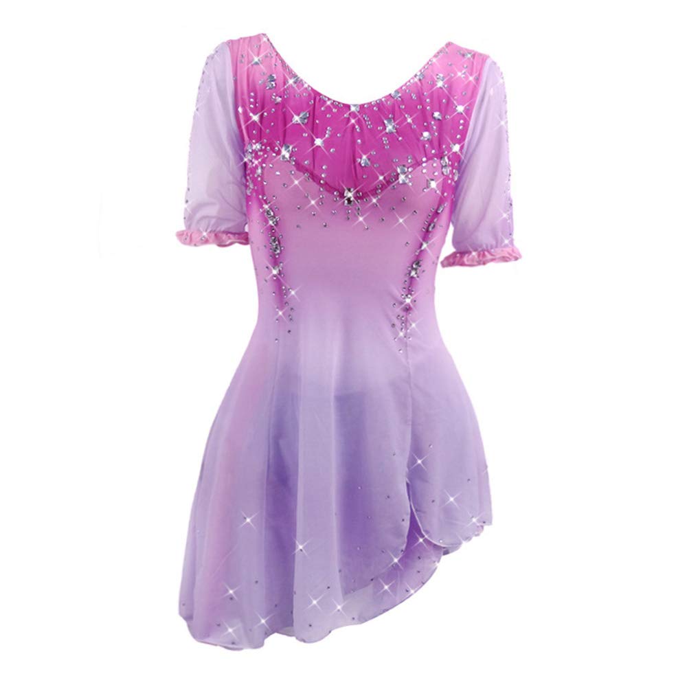 Women's & Girls' Ice Skating Dress - Pink Short Sleeve Competition Leotard for Figure Skating Performances | Perfect for Competitions, Shows & Practice