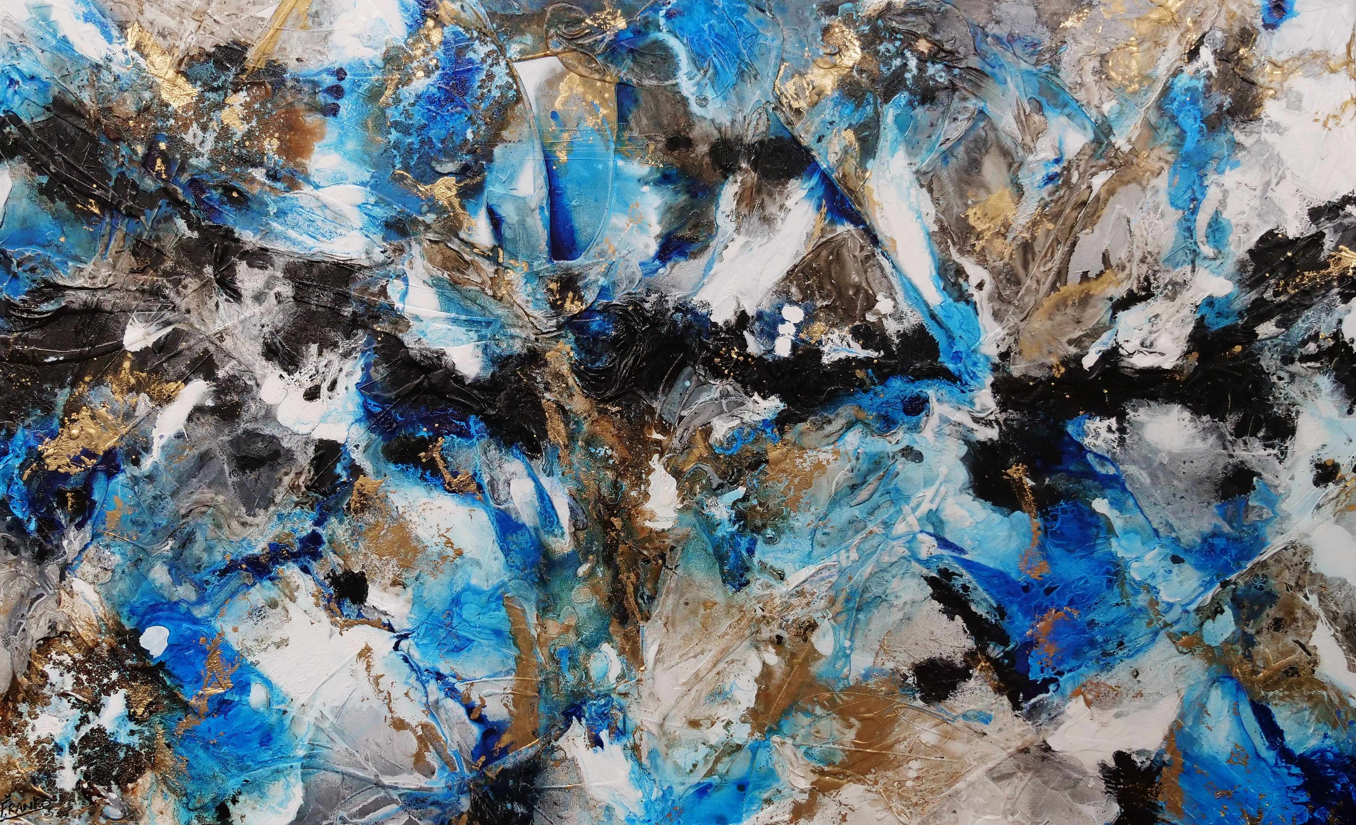 250cm x 150cm Metallic Gold Blue Textured Abstract Wall Art Painting - Coastal Grunge Style for Living Room, Bedroom & Office Decor