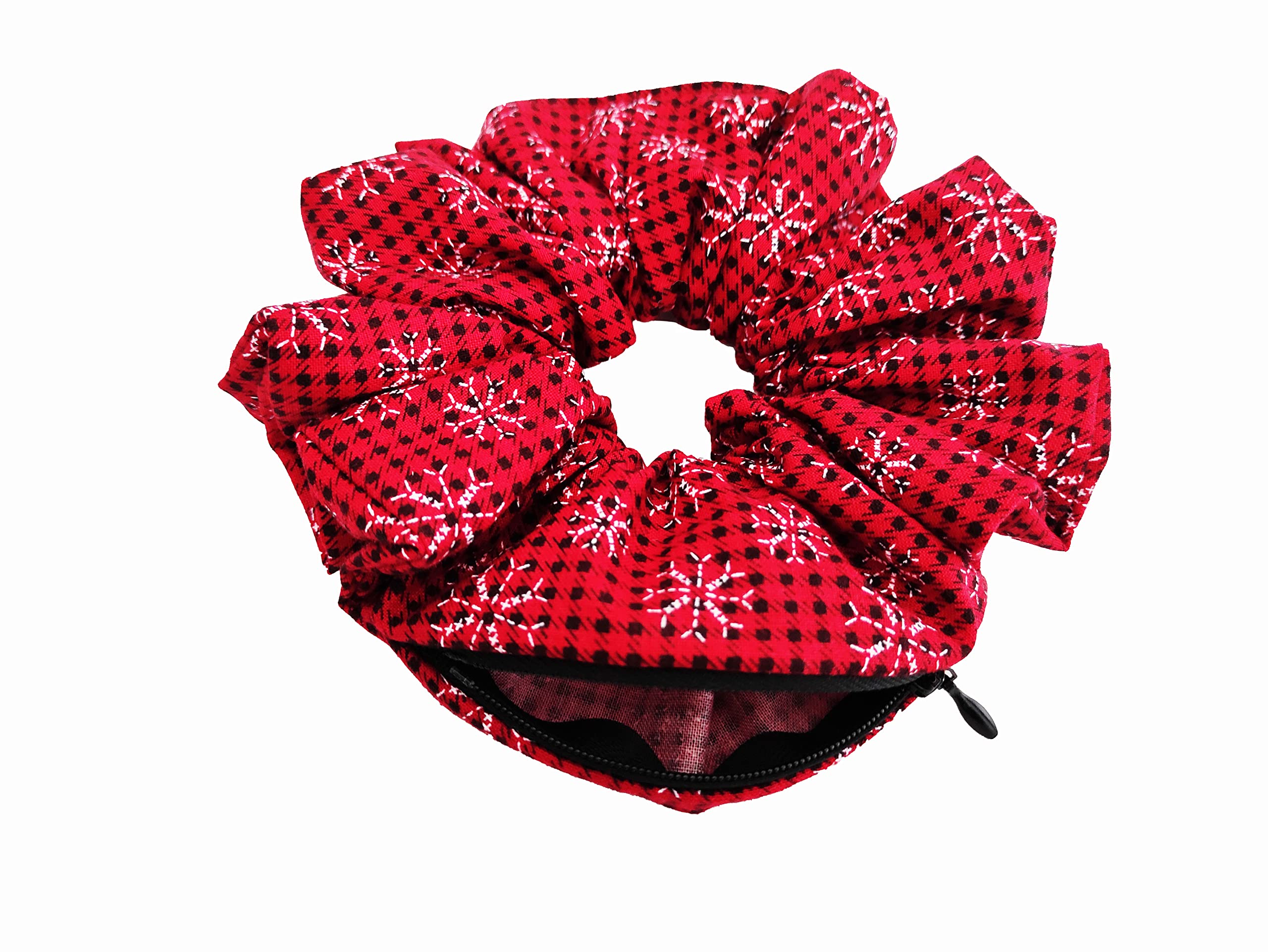Big Red Plaid Zipper Scrunchie with Hidden Pocket - Large Red and Black Scrunchie Wallet for Women - Stashie Zippered Storage Pouch - Perfect for Cash, Cards & Essentials - Great Stocking Stuffer Gift Idea (Snowflakes Design) - Use for Gym, Travel, Shopping & Everyday Carry